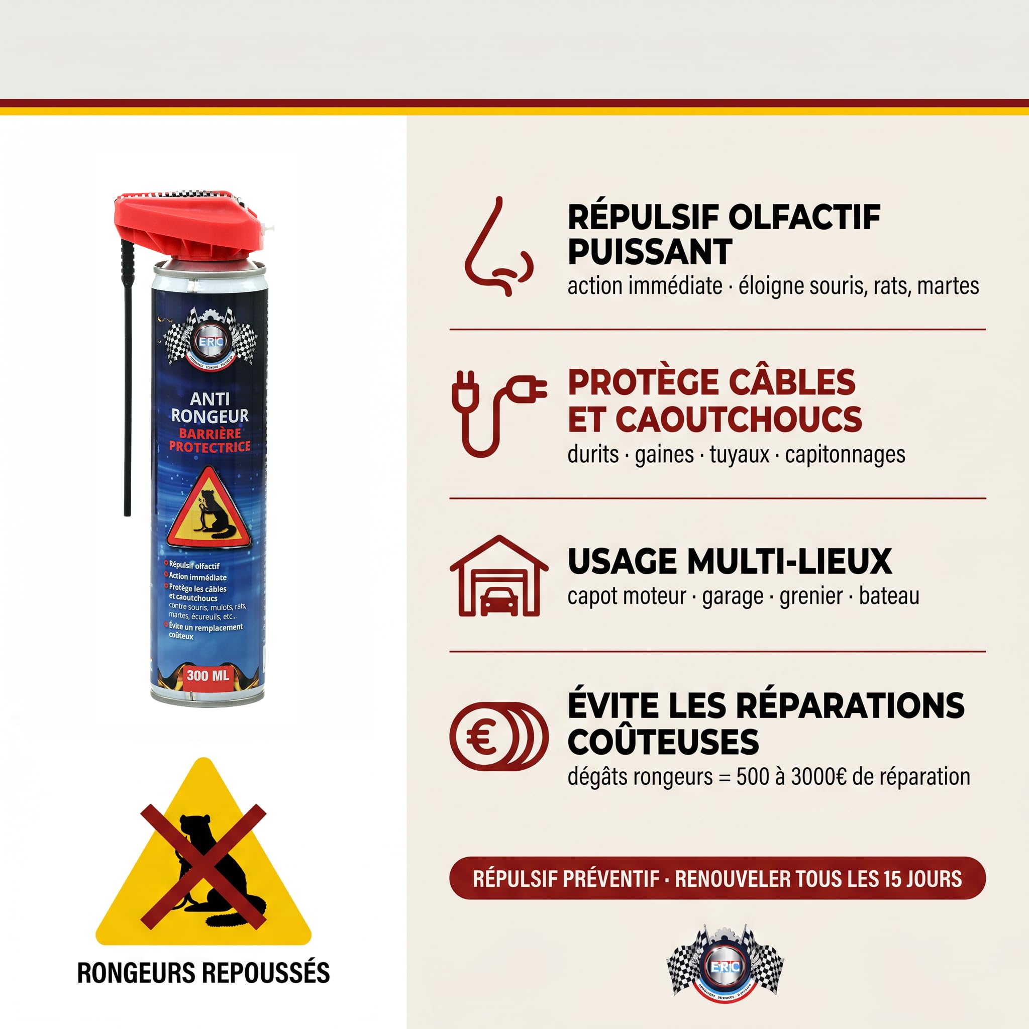 ERC | Anti-Rongeur Répulsif Aérosol Voiture, Garage, Grenier | Protège Câbles, Durits, Gaines Caoutchouc | Répulsif Olfactif Action Immédiate | Formule Pro Ateliers, Made in France | 300 ml