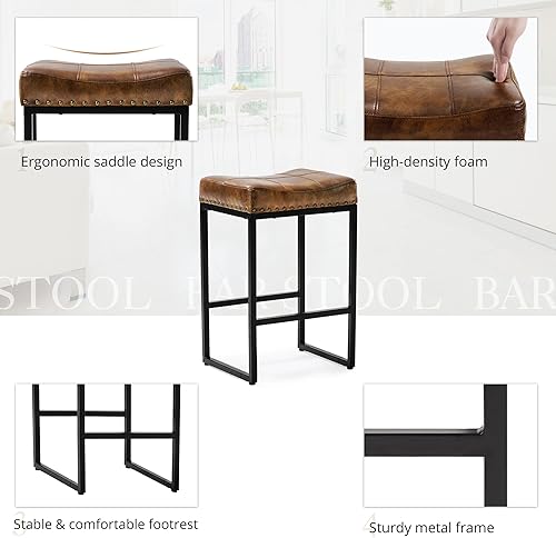 Miniatura 6 de LUE BONA Taburetes de bar ergonómicos cuadrados de 24 pulgadas, juego de 3, moderno taburete de cuero sintético sin espalda con patas de metal negro