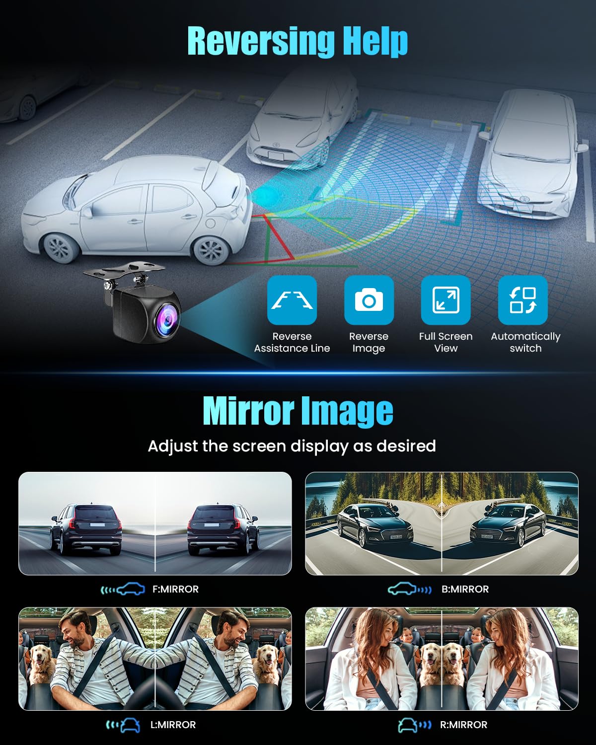 Hikity Kamera samochodowa 2K 360° z kartą SD 64 G, 4-kanałowy ekran IPS Dash Cam, 2K + 1080p x 3 G, nagrywanie w pętli, 24 monitoring parkowania, widoczność w nocy