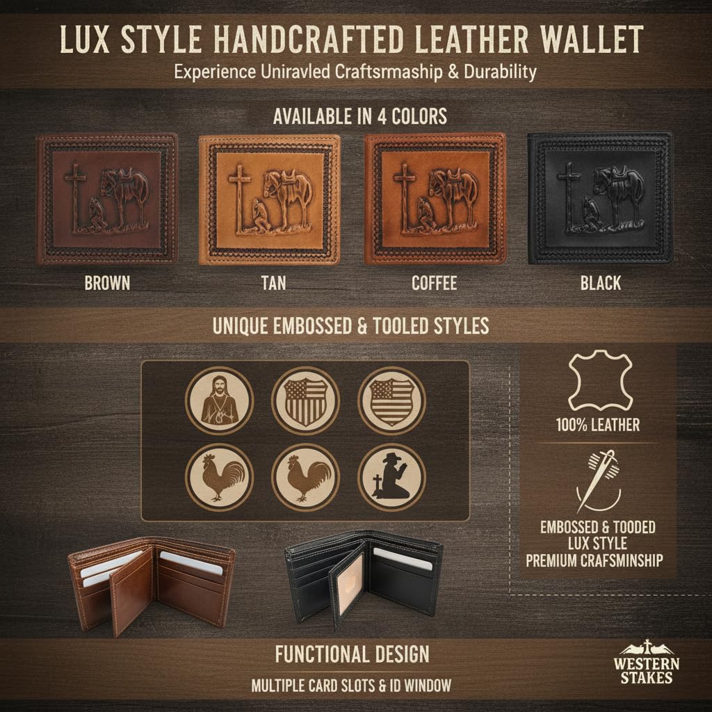 Cartera plegable de cuero occidental para hombre, piel auténtica con diseño de vaquero en relieve, gallo o San Judas, carteras delgadas de vaquero para hombre, Café, Cartera occidental