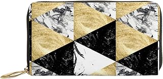 Carteiras femininas de couro genuíno triângulos dourados pretos porta-cartão de crédito em mármore com zíper organizador de embreagem de couro feminino bolsa longa de viagem, Mármore triângulos pretos dourados, 7x4.3x0.8 Inches