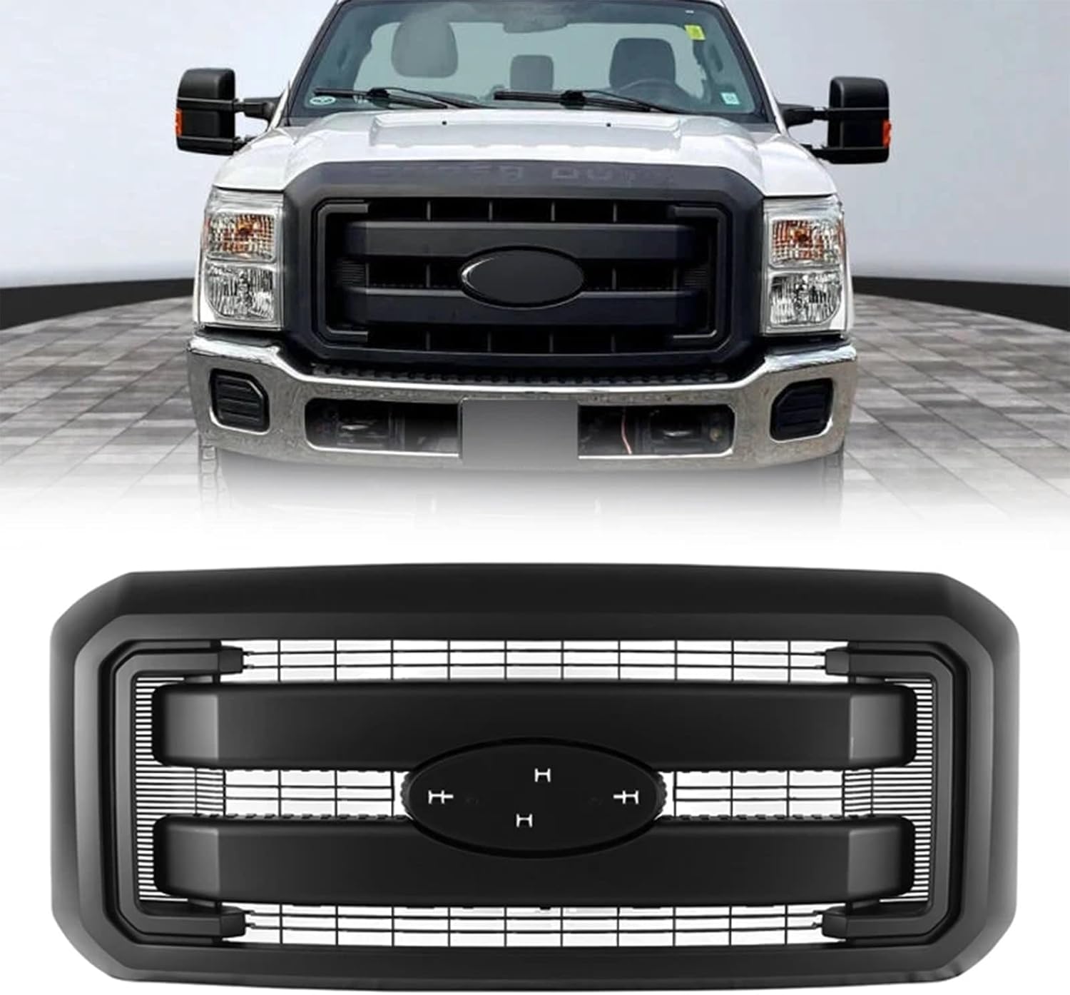 Front Bumper Grille Grill Assembly Fits for 2011-2016 F250 F350 F450 Super Duty Matte Black Replace BC3Z8200AA BC3Z8200G, Style 2