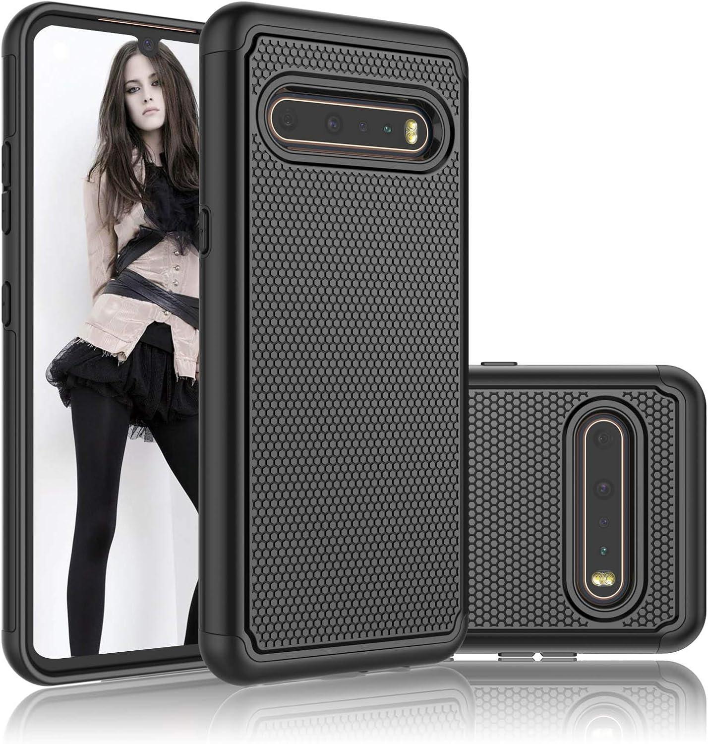 NJJEX Compatible with LG V60 ThinQ 5G Case/LG V60 / LG G9 ThinQ Case, [Nveins] Hybrid Dual Layers Hard Plastic Back + Soft Silicone Rubber Armor Defender Shockproof Slim Phone Cover [Black]