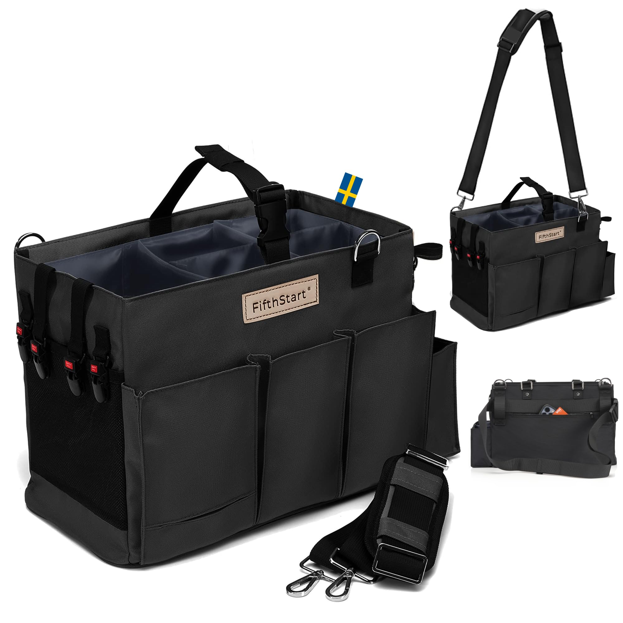 FifthStart Multiuse Cleaning Caddy with Waist & Shoulder Strap - Diaper Caddy & Beach Bag - 9 Pockets & Mesh Base - Adjustable Compartments (Black, Small)