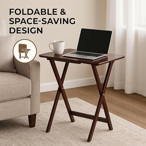 Miniatura 14 de Ergode Wood Cade - Juego de mesa de aperitivos de 2 piezas, elegantes mesas plegables, base duradera con marco en X, práctico soporte vertical,