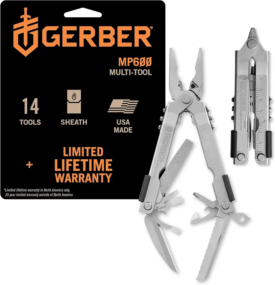 Gerber Gear Multi-Plier 600 - 14-in-1 Multitool with Sheath, Needlenose Pliers, Screwdriver, Serrated Knife, Wire Crimper, Bottle Opener, Can Opener &amp; More - Made in USA - Stainless Steel