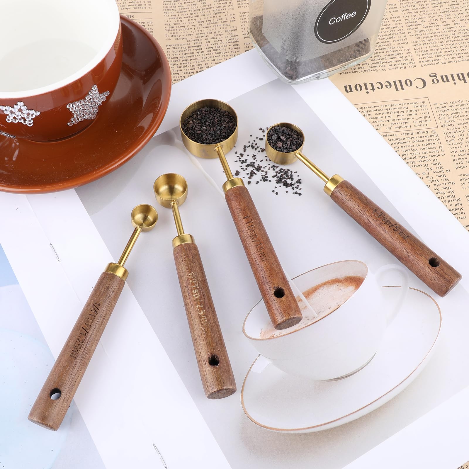 JJUNW 4 Stück Messlöffel Set, Edelstahl Teelöffel Messlöffel mit Holzgriff Mini Löffel Gewürzlöffel, 1/4 TSP, 1/2 TSP, 1 TSP, 1 TBSP Messlöffel zum Backen von Speisen