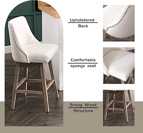 Miniatura 5 de Juego de 2 Taburetes de Bar de Altura de Mostrador Taburetes de Bar Giratorios de 27.5" Silla de Bar Tapizada de Lino Taburetes de Cocina con Lino -