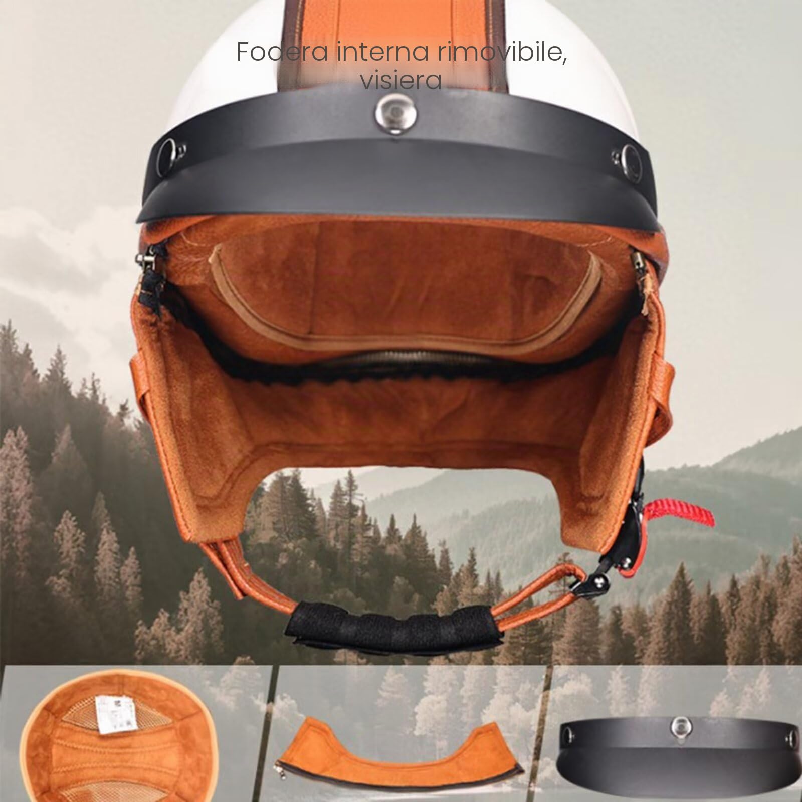 Casco Moto Retrò,casco scooter omo,Caschi per Scooter Anni '60 - Modello 3/4 in Vera Pelle con Visiera, Certificato DOT/ECE - Stile Retrò Chiuso/Aperto - Unisex Uomo e Donna