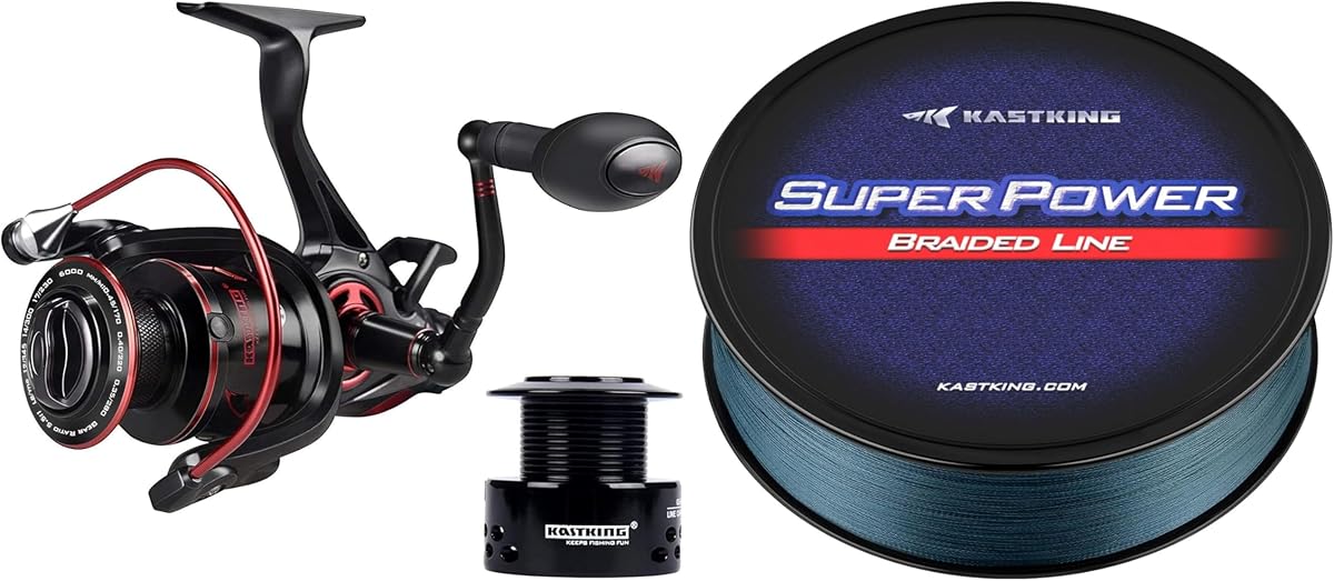Carrete de pesca giratorio KastKing Sharky Baitfeeder III, tamaño 6000 y línea de pesca trenzada KastKing Superpower, gris, 15 LB, 150 yardas