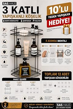 SAS HAUS 3 Katlı Yapışkanlı Banyo Köşeliği + 10'lu Yedek Yapışkan Hediyeli, Delmeden Montaj Şampuanlık Duş Rafı Siyah