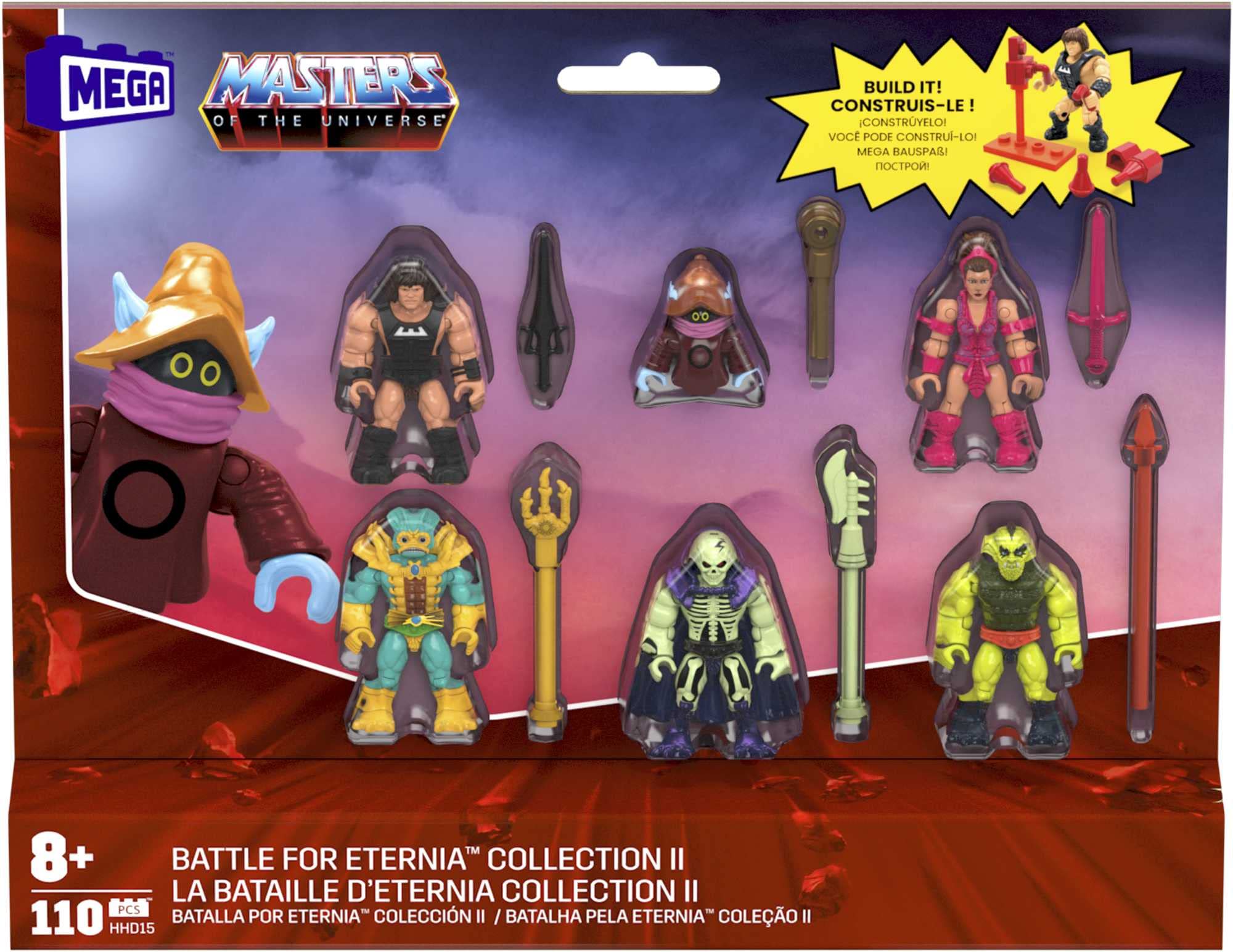 Mega Masters of the Universe - Kampf um Eternia Collection II, 6 detailgetreue Mikro-Aktionfiguren mit Laser und Zubehör, kompatibel mit Allen Bausteinsätzen, Motu, Spielzeug ab 8 Jahre, HHD15