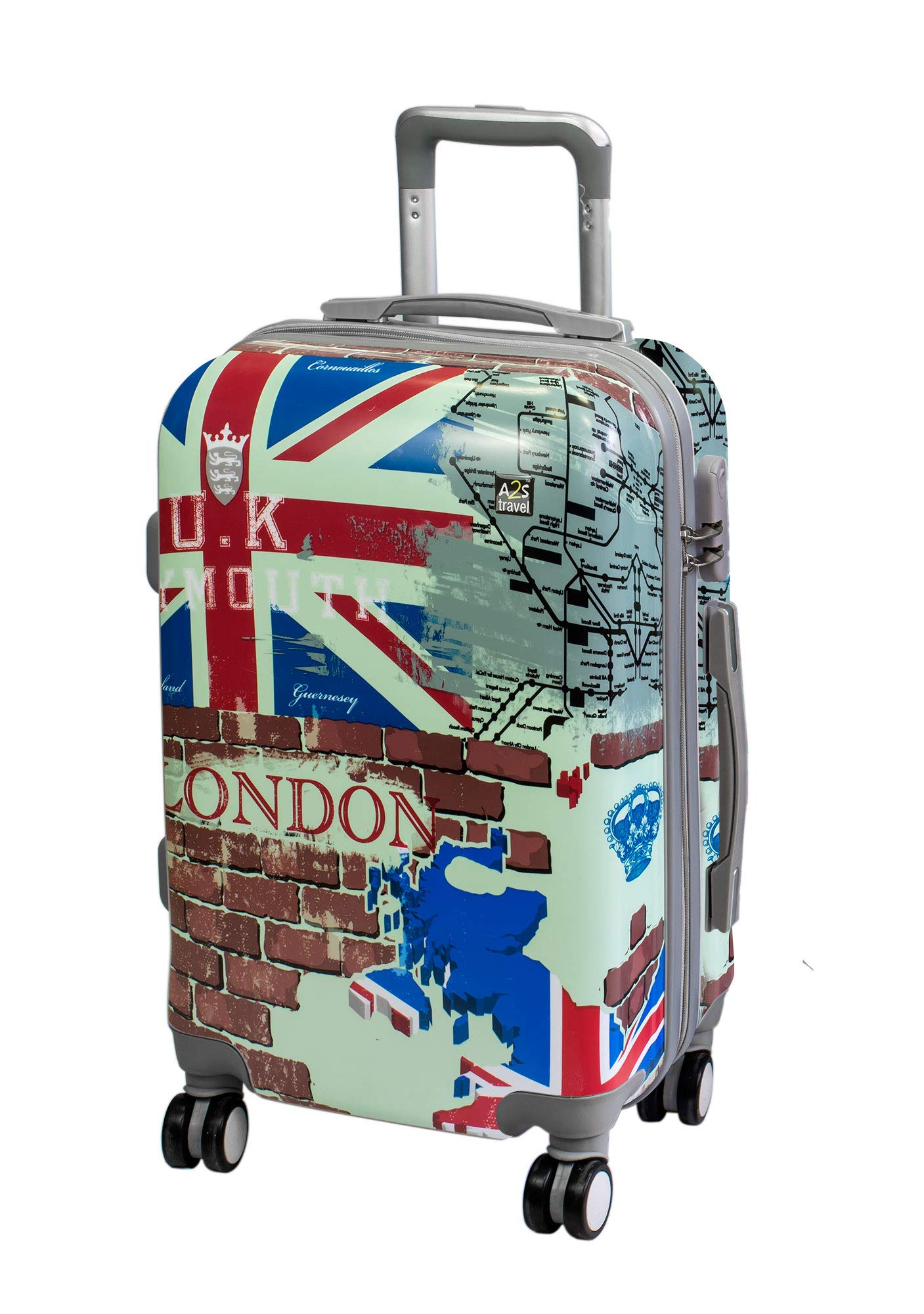 Cabin Luggage Lightweight & Durable Hard Shell Printed Suitcase with 8 Spinner Wheels Carry on Bag 55x35x22cm (London)