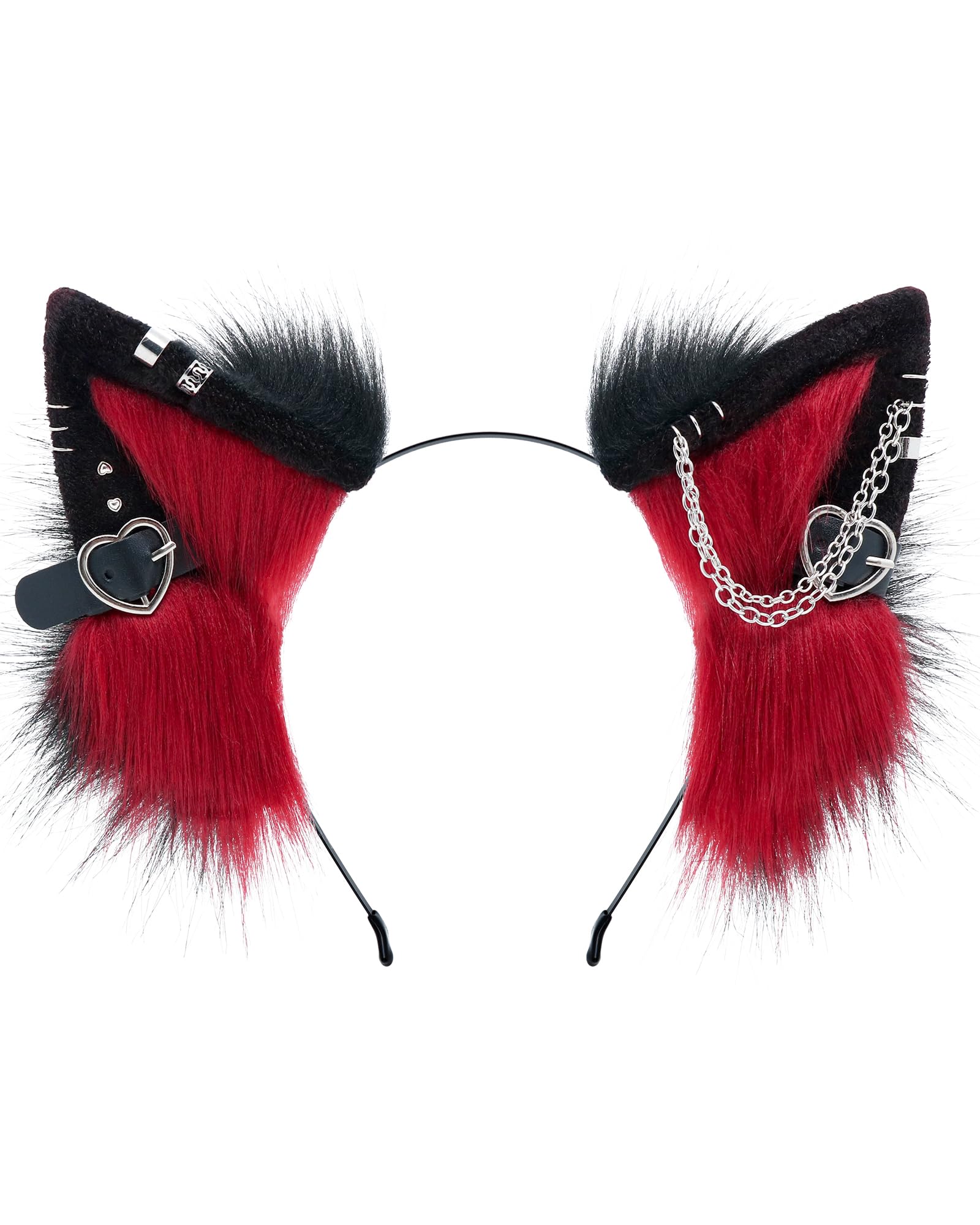 ZFKJERS Handmade Faux Fur Cat Ear Headband with Charms Cosplay Accessory for Halloween (Red Black)