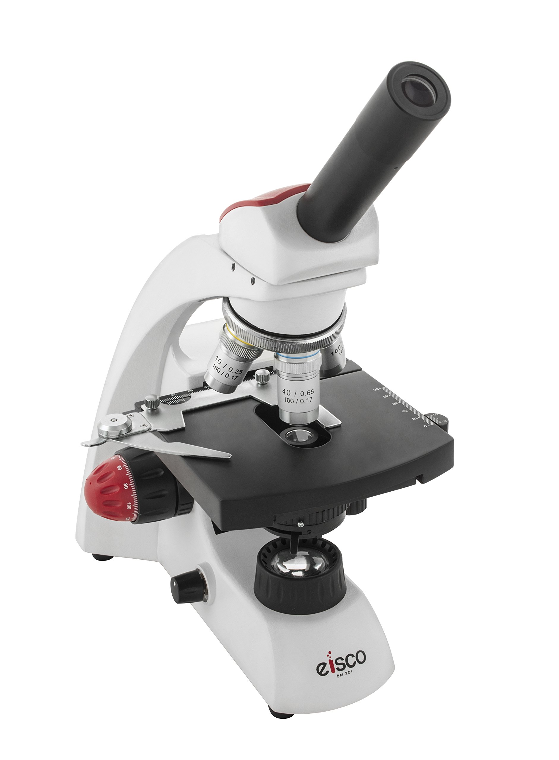 EISCO Premium Redline Range Monocular Microscope, WF 10X Eyepiece, 4X, 10X, 40X & 100X Objectives, 360° Rotatable Head, LED Illumination, Mechanical X-Y Axis Stage, with Dustcover & Styrofoam Case-picture-36