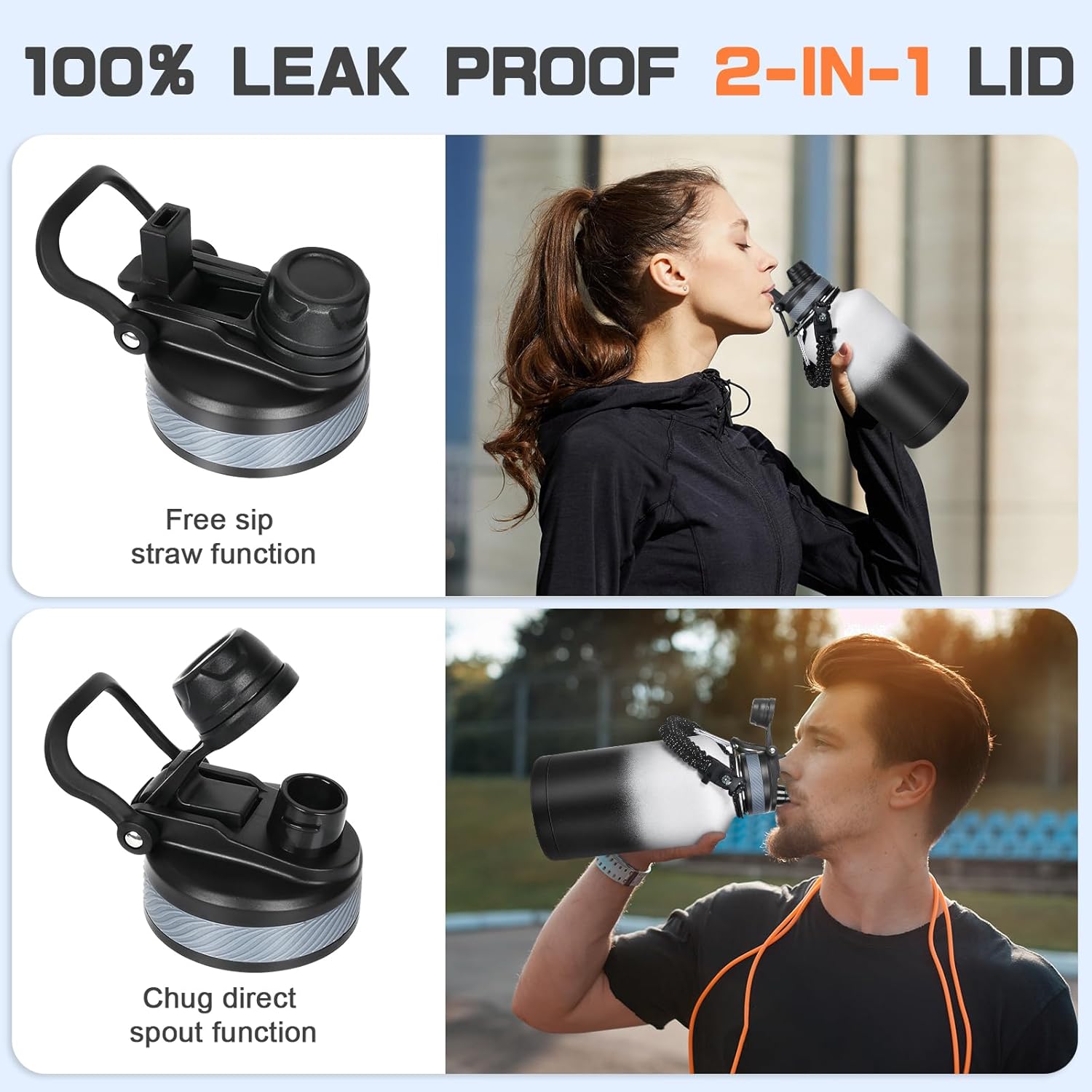 Insulated Water Bottle 64 oz, Half Gallon Water Jug Cold 48H, BPA Free Stainless Steel Bottles with Straw/Chug 2-in-1 Lid, Bag, Paracord Handle, Silicone Boot, Sports Gym School Metal Flask - Image 3