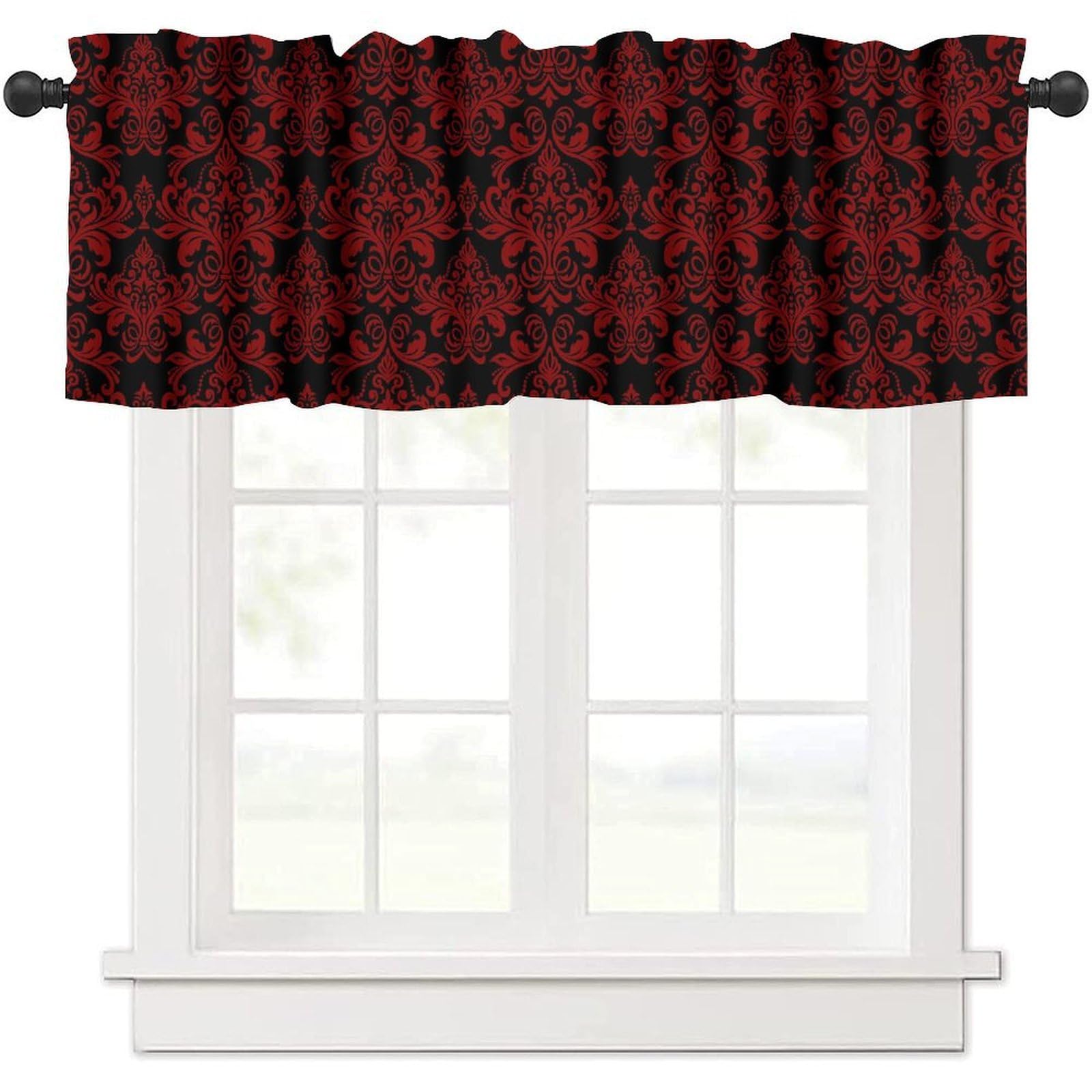 moderw Vintage Red Black Damask Floral Window Valance Curtains Oriental Antique Window Treatments Luxury Gothic Bohemia Flowers Valance Curtain for Bedroom Living Room Kitchen 54x18inch