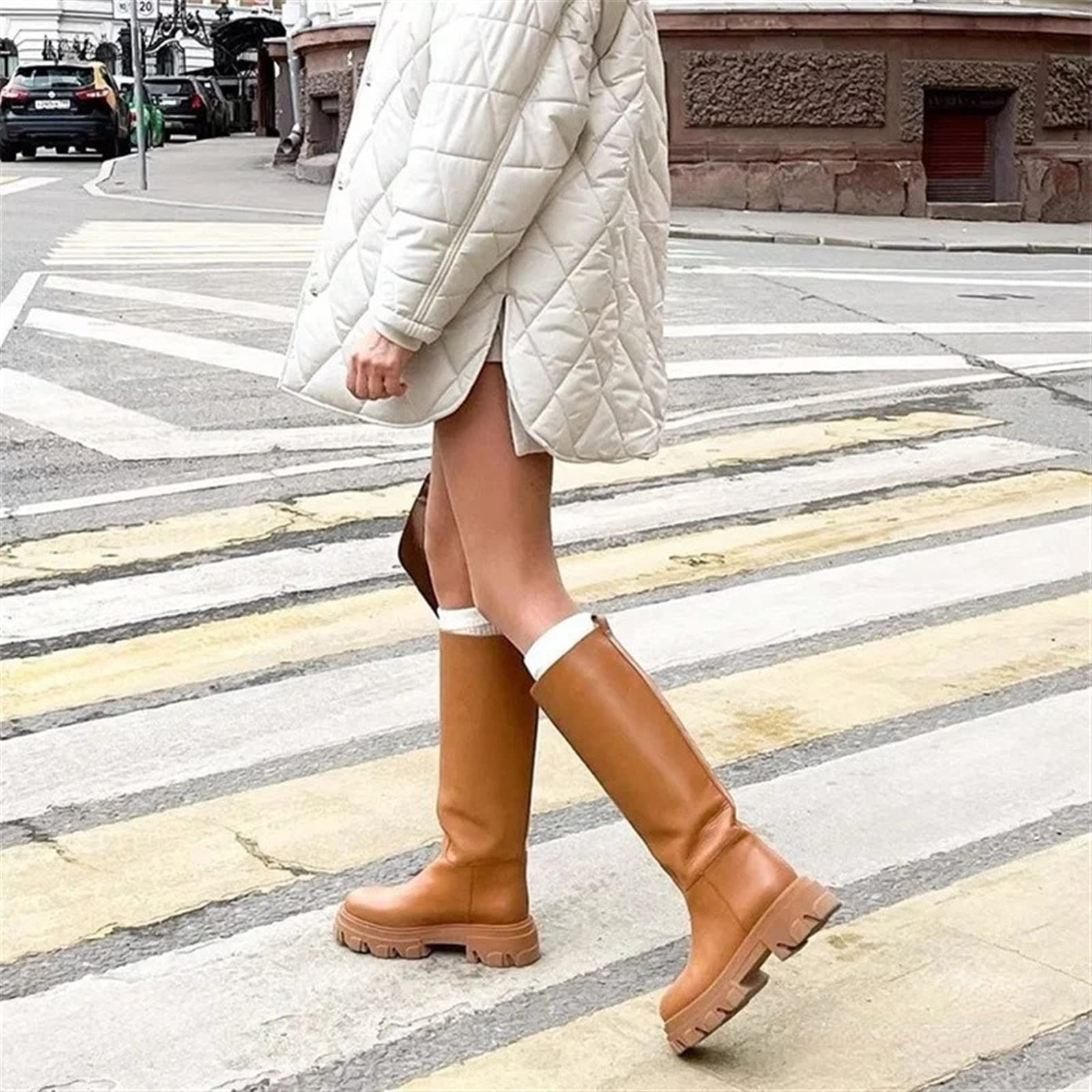 Botas para Mujer Botas de Cuero auténtico Botas hasta la Rodilla para Mujer Botas de Montar con Plataforma Botas de Mujer de tacón Grueso Otoño e Invierno
