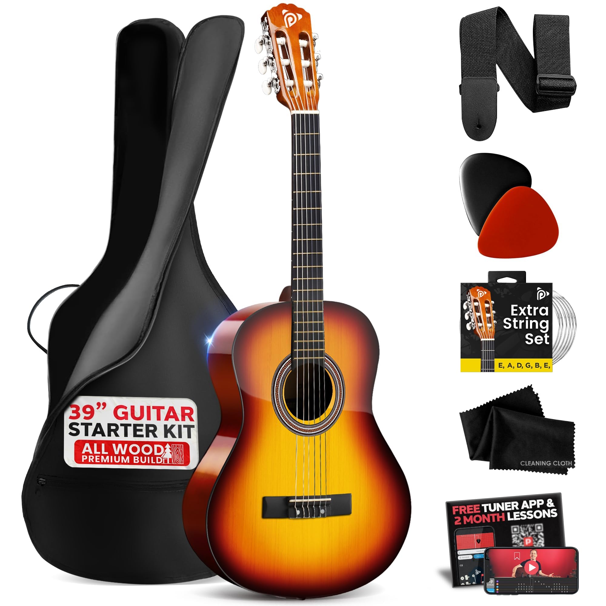 Pyle Beginner Acoustic Guitar, Junior Size 99 cm, All Wood Build Nylon String with Capo Strap, Extra String Set, and Gig Bag Acoustic, For Kids Adults Youth Classical Kit Brown Burst, Gloss