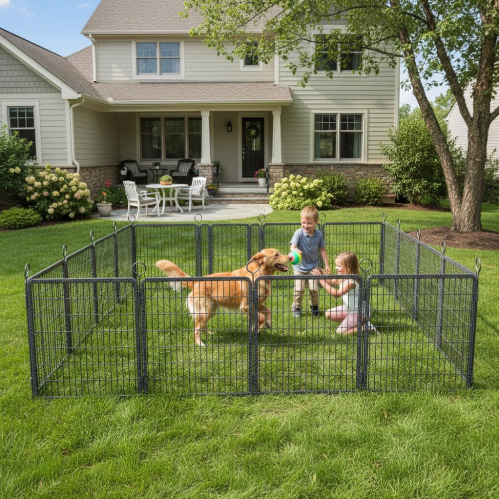 Heavy Duty Outdoor Dog Playpen with Secure Door – Rust-Resistant Metal Fence Panels for Yard, RV, Camping and Backyard Use (Snow Leopard + Metal + American Design)