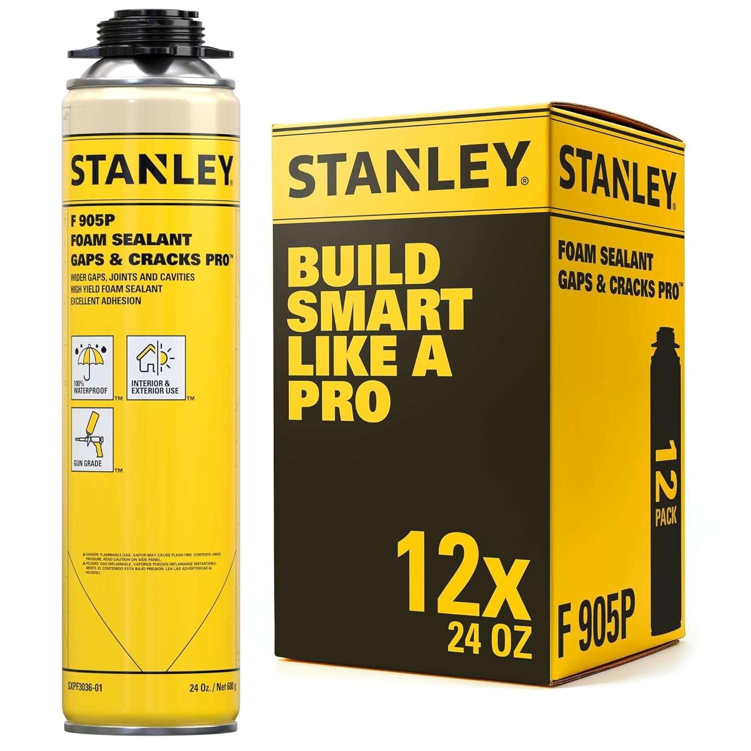 Stanley F905P Gaps & Cracks Pro Foam Sealant (12×24 Oz.) – High Yield Expanding Polyurethane Spray Foam Insulation for Wide Cracks & Cavities, Waterproof, Gun Use | Gun NOT Included | 24 Oz. 12 Pack