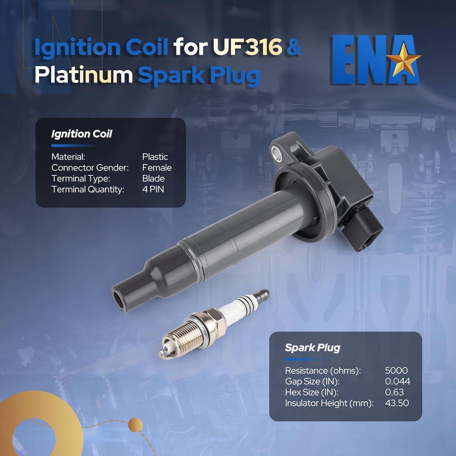 ENA UF316 Ignition Coil & 4503 Spark Plugs for 90919-02240 1.3L 1.5L L4 Compatible with Toyota Prius 2001-2019 Echo 2000-2005 Yaris 2004-2018 Scion xA xB 2004-2006 Set of 4