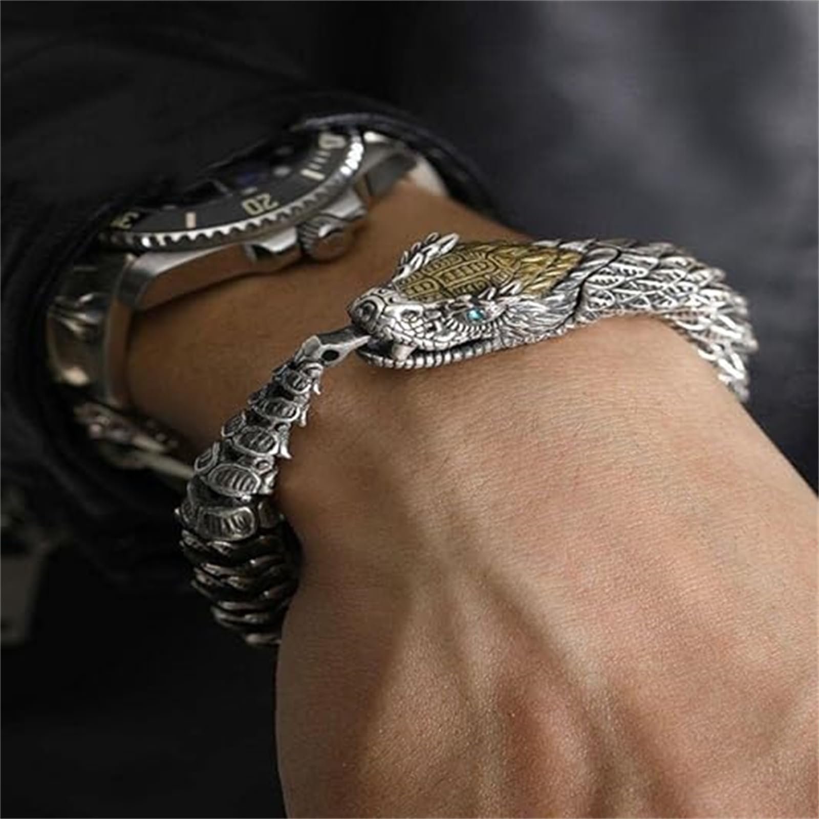 Dragon Shape Curb Chain Bracelet Ring Clasp, Men's Domineering Bracelet Snake Scale Metal Bracelet, Vintage Punk Bracelet, Symbol Luck and Protection Jewelry Gift for Men's (Updated Serpent,7.78in)