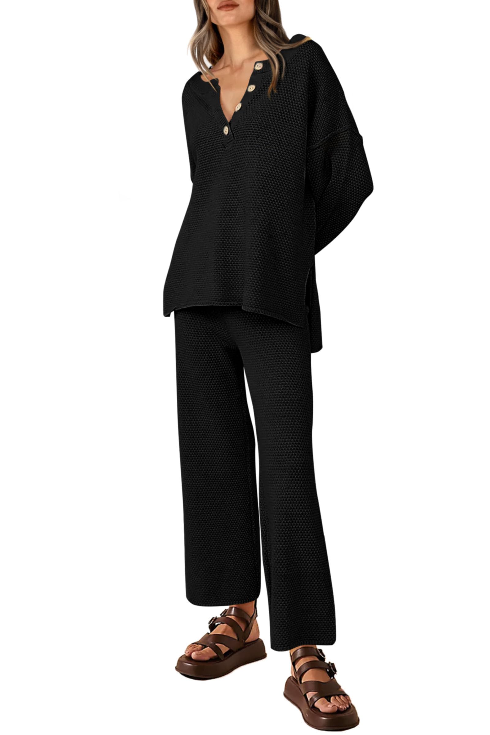 PRETTYGARDENWomens 2024 2 Piece Fall Knit Sweater And Wide Leg Pants Sweatsuit Lounge Set