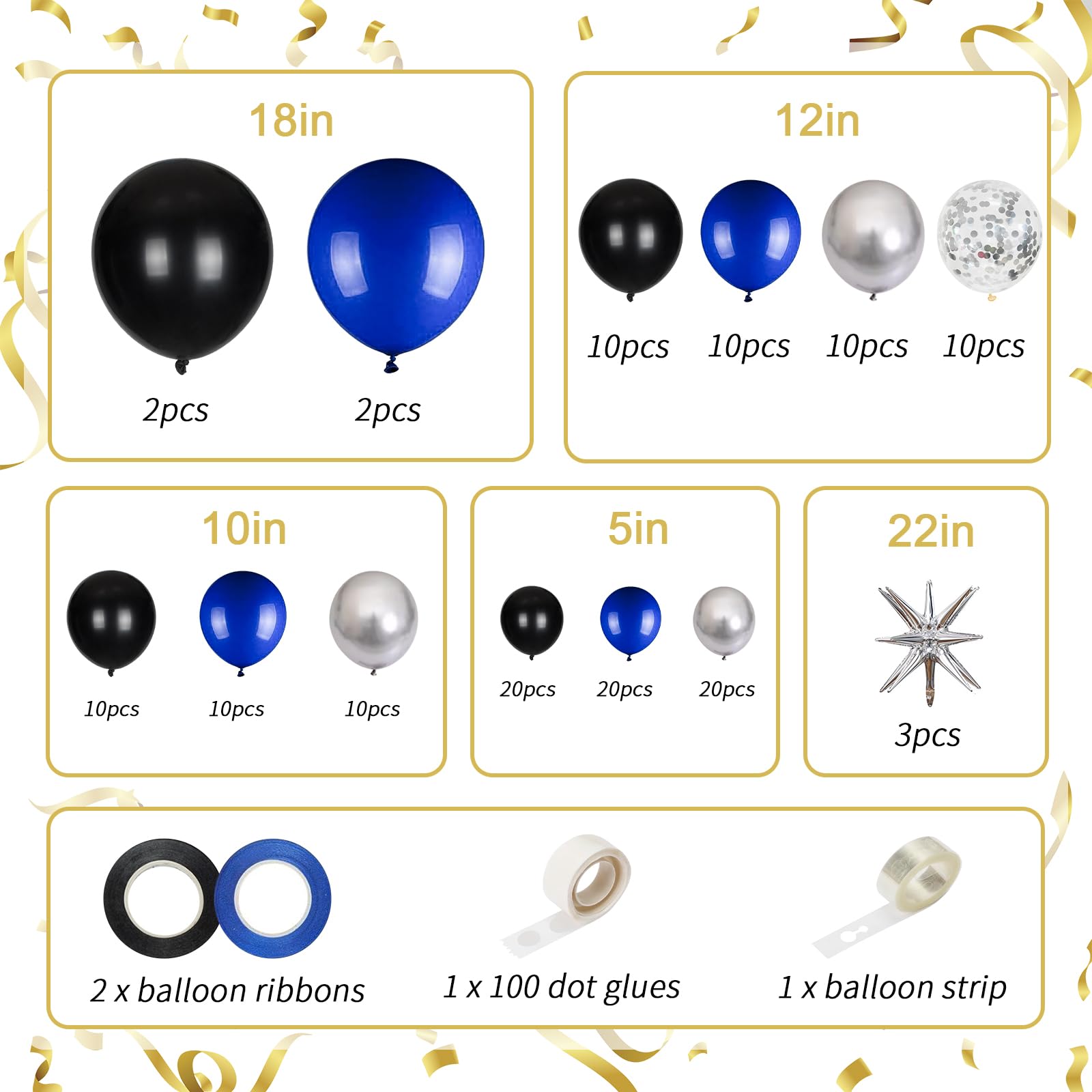 141pcs Blue and Black Balloons Garland Arch Kit,18 12 10 5 Inch Black Royal Blue Silver Confetti Balloons with Foil Star for Birthday Class of 2024 Graduation Party Decoration