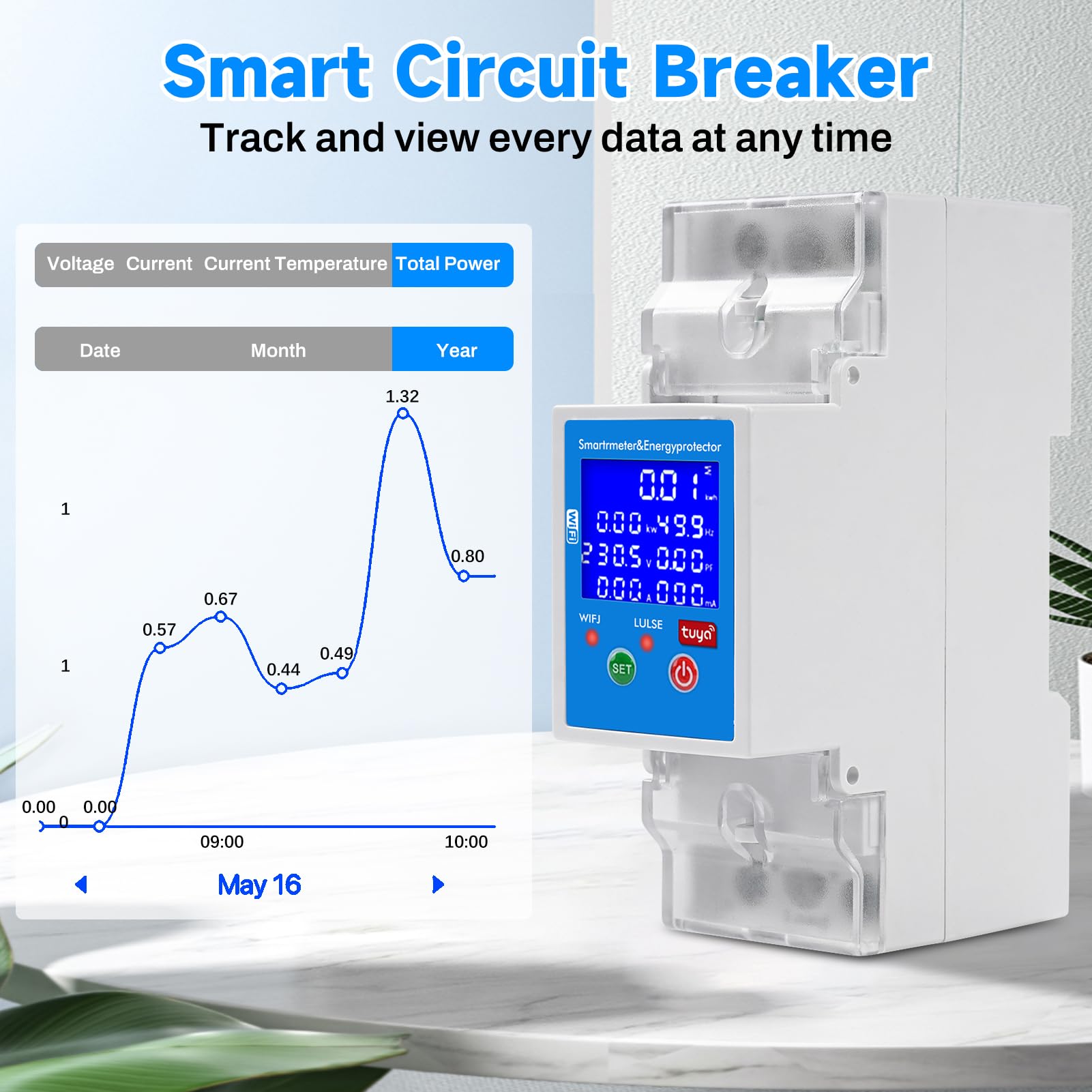 Contatore energia elettrica wifi 80A Comando vocale tuya smart misuratore consumo elettrico 2P 80-300VAC riarmo automatico contatore Protezione da sovratensione e sottotensione