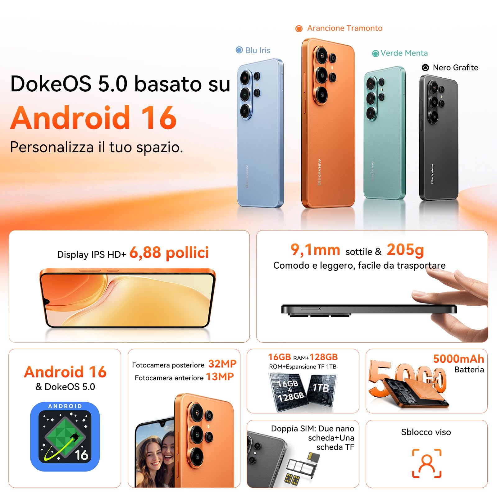 Blackview 6,88" HD+IPS Wave 10C Smartphone Offerta Android 16 Cellulare, 32MP+13MP, 16GB+128GB/1TB, 5000mAh,Telefono Cellulare In Offerta 3 Slot Per Carte, WiFi 5/3,5 mm/FM/OTG,3 Anni Garanzia