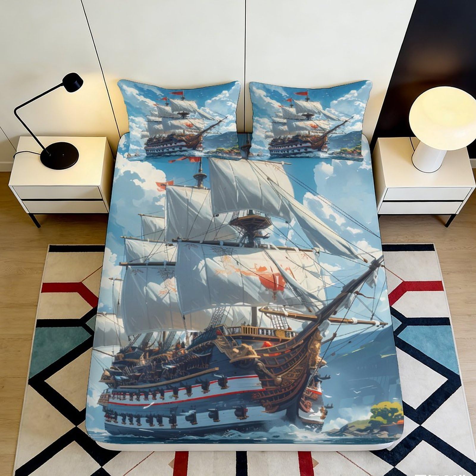 3D Printed Sailing Ship Fitted Sheet Microfiber Soft Breathable Ocean Adventure Mattress Cover for Bedroom Dorm Decor 120x200x25cm