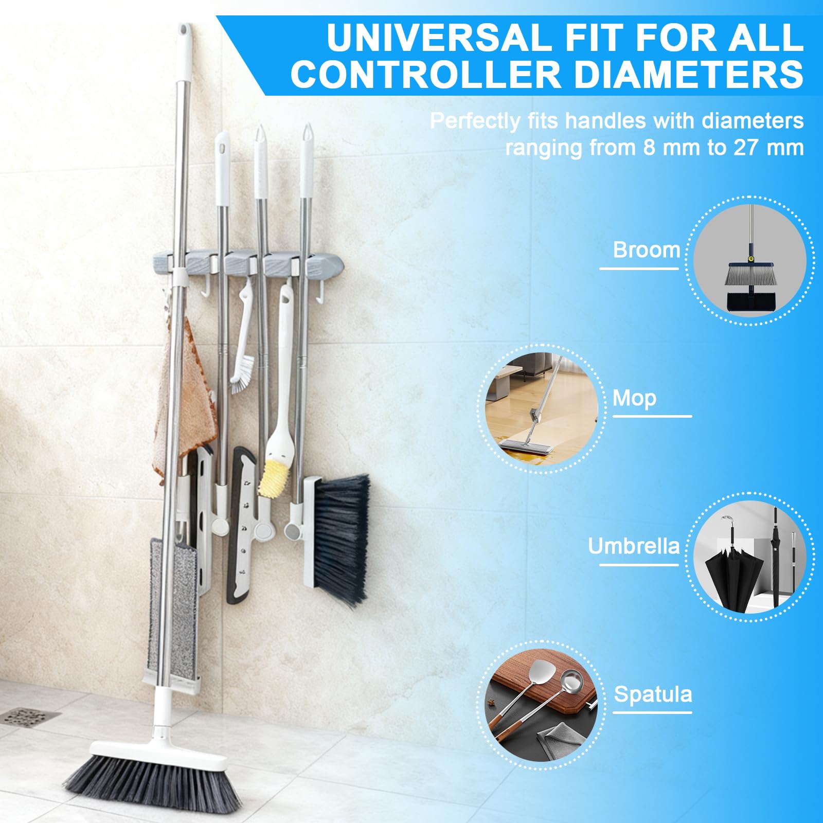 Appendi Scope a Muro,Porta Scope Parete con 4 Morsetto e 5 Ganci, Appendiscope da Muros,Portascope da muro per Attrezzi da Giardino per Cucina, Bagno, Giardino, Balcone, Casa, Garage