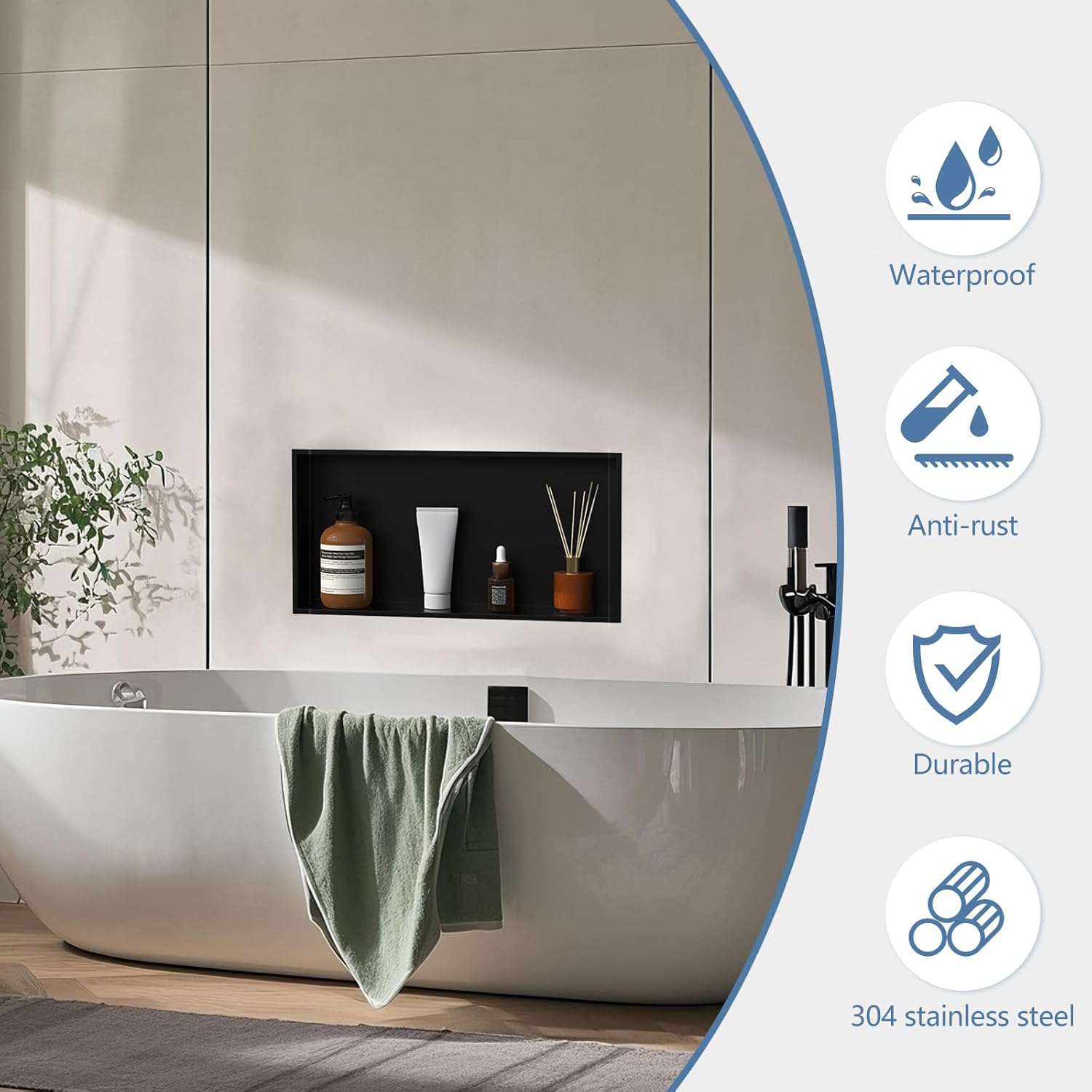 Homevacious 24" X 12" X 4" Stainless Steel Shower Niche No Tile Needed Matte Black Bathroom Shelf Rimless Recessed Wall Niche for Bathroom Storage