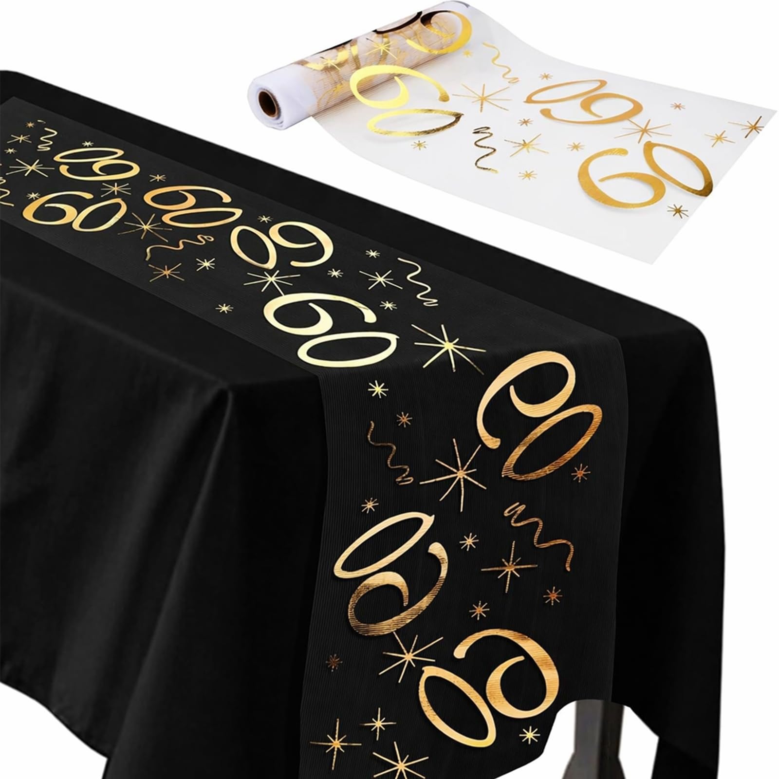 Happy 60th Birthday Table Runner 28cm x 10m - Gold Mesh Tablecloth for Men and Women, 60th Birthday Decorations, Anniversary Celebrations, Banquets and Party Table Decor