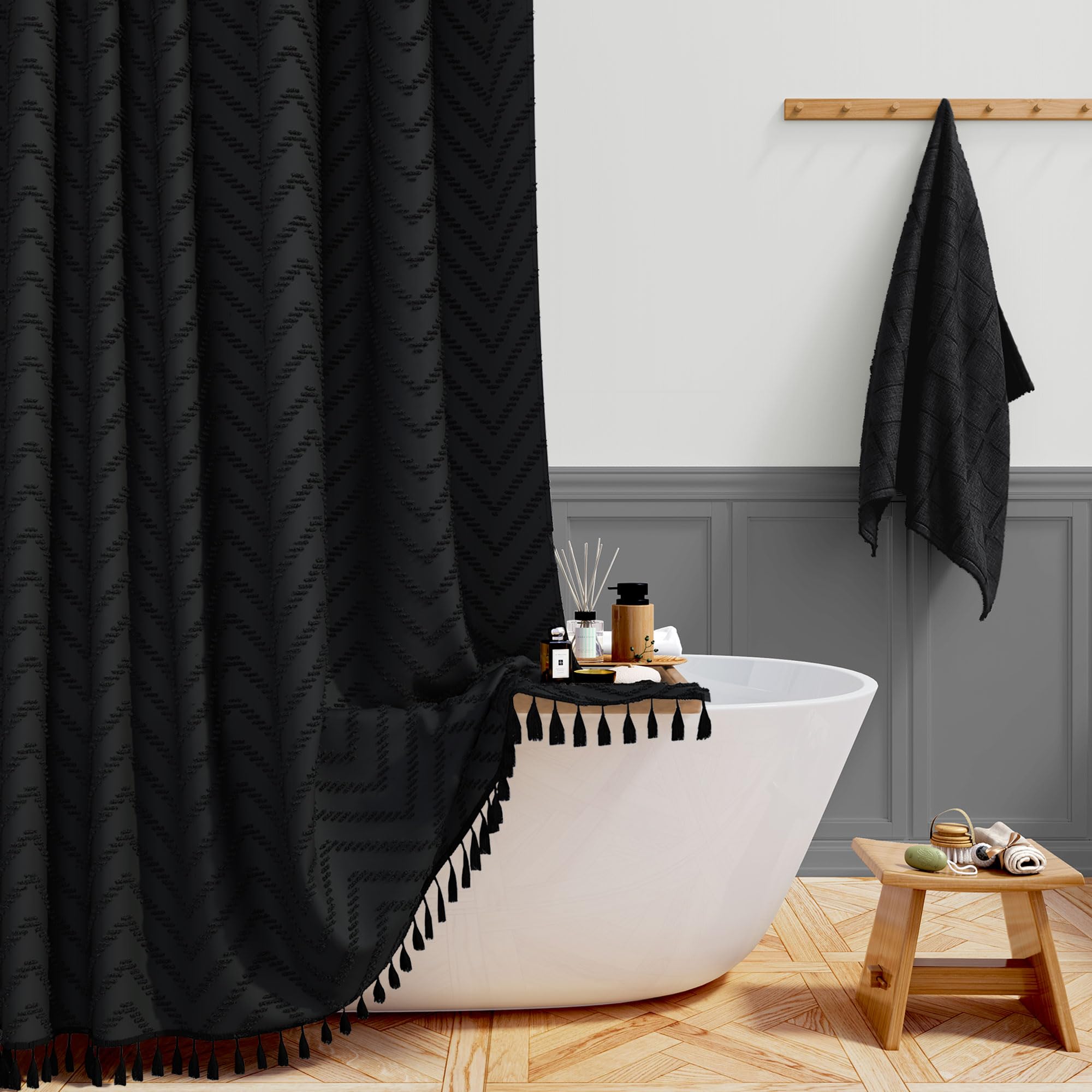 Bttn Black Boho Farmhouse Shower Curtain, Tufted Chevron Striped Tassel Shower Curtains, Durable And Washable With 12 Plastic Hooks, Vintage Bohemian, 182 X 182Cm,