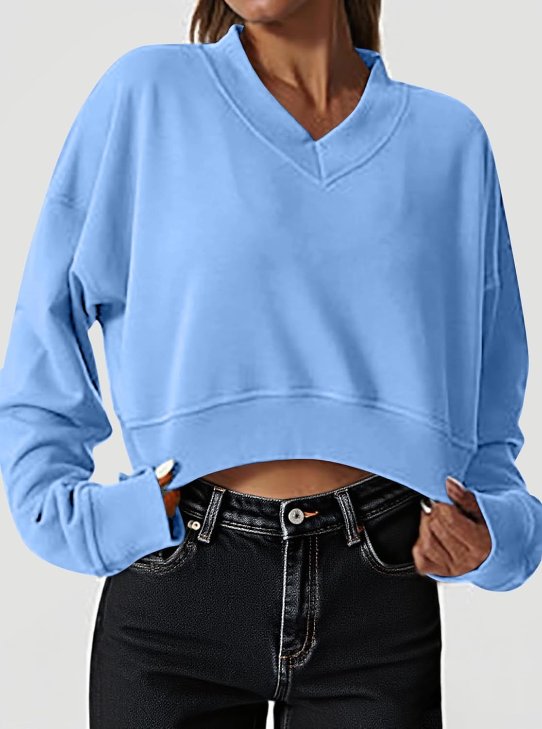 Remidoo Women's Cropped Sweatshirt V Neck Long Sleeve Crop Top Sweater Pullover Loose Fit Shirt Blue X-Large - Image 4