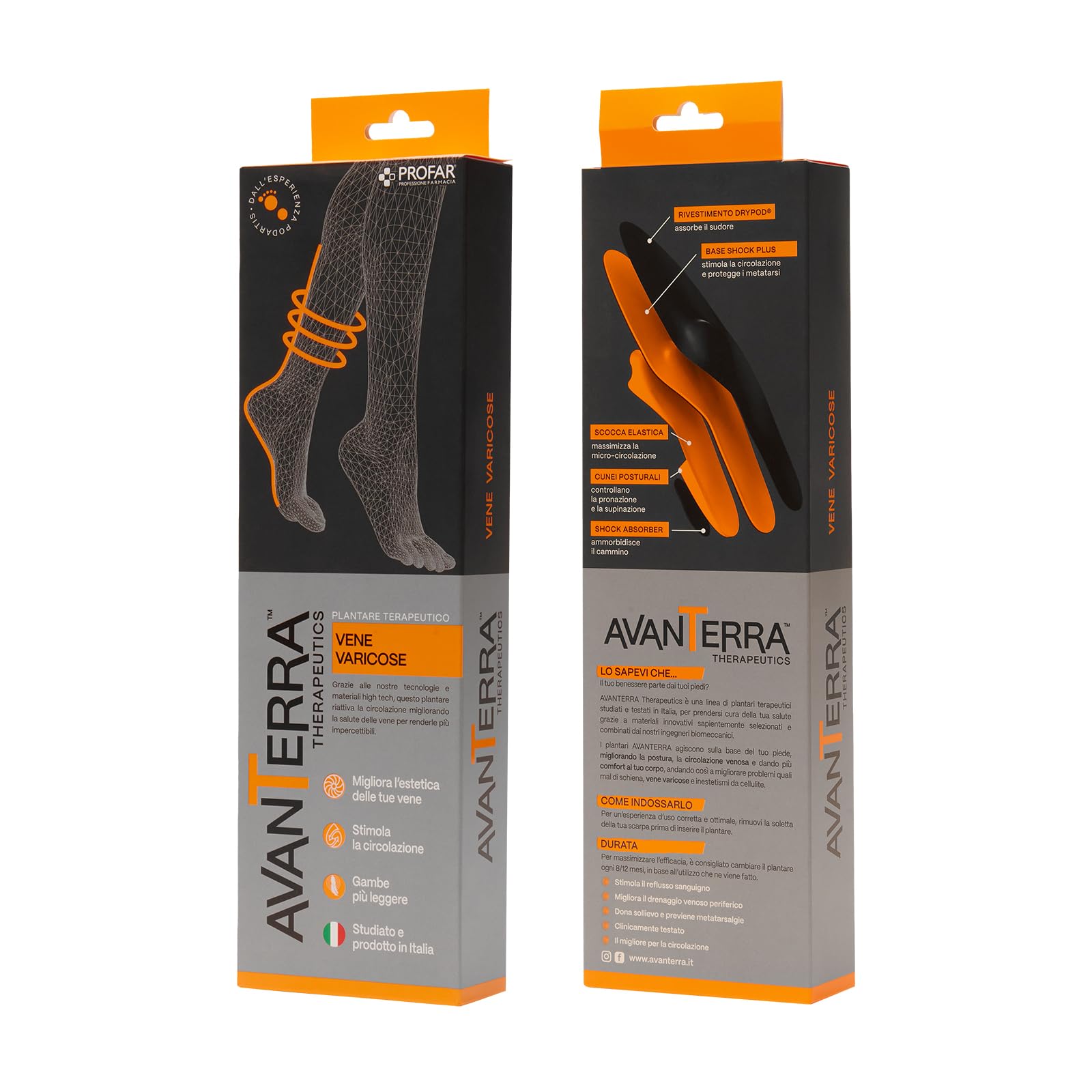 Avanterra Plantare Vene Long Arancione – Terapeutico Circolatorio Made in Italy con Drypod® Assorbi sudore, Effetto Pump, Riduce Varici e Migliora il Drenaggio Venoso (39/40)