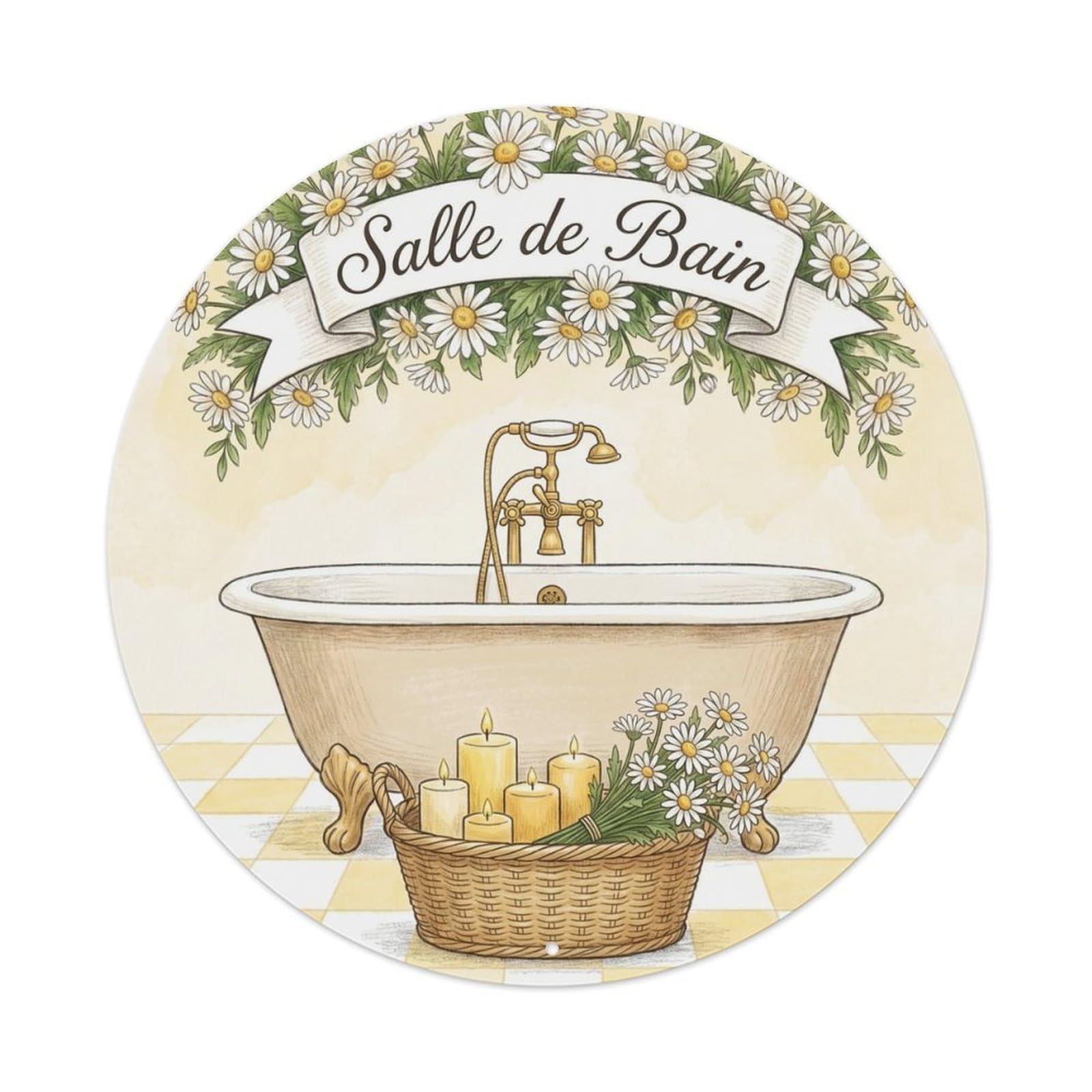 Yrnq Vintage Style Bathroom Daisy Bathroom Decor Wall Vintage Metal Tin Sign Plaque Wall Decor For Cafe, Club, Garden Round Metal Poster 8X8inch