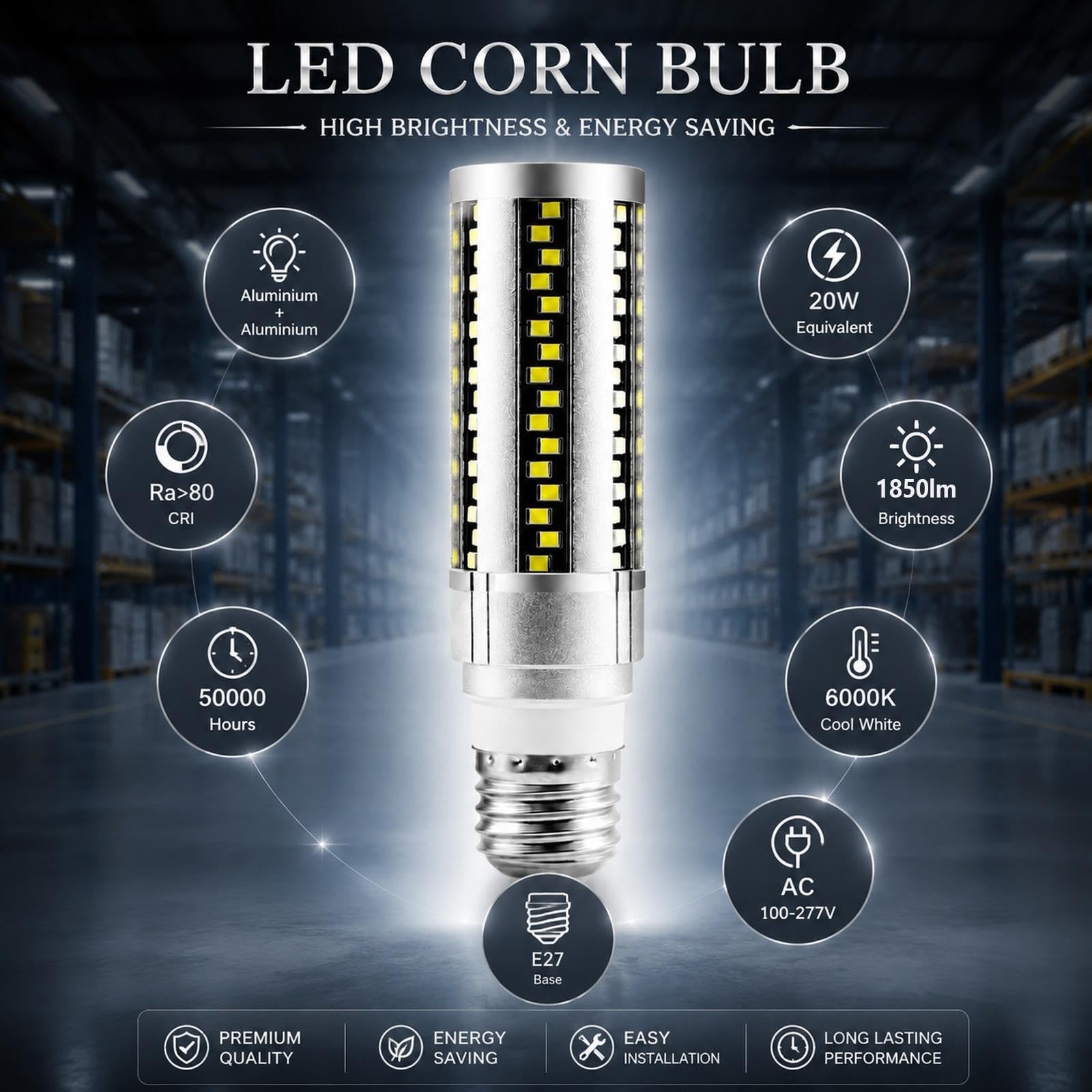 Bombilla LED E27 20W Luz Fría 6000K 1850LM No Regulable Para Garaje