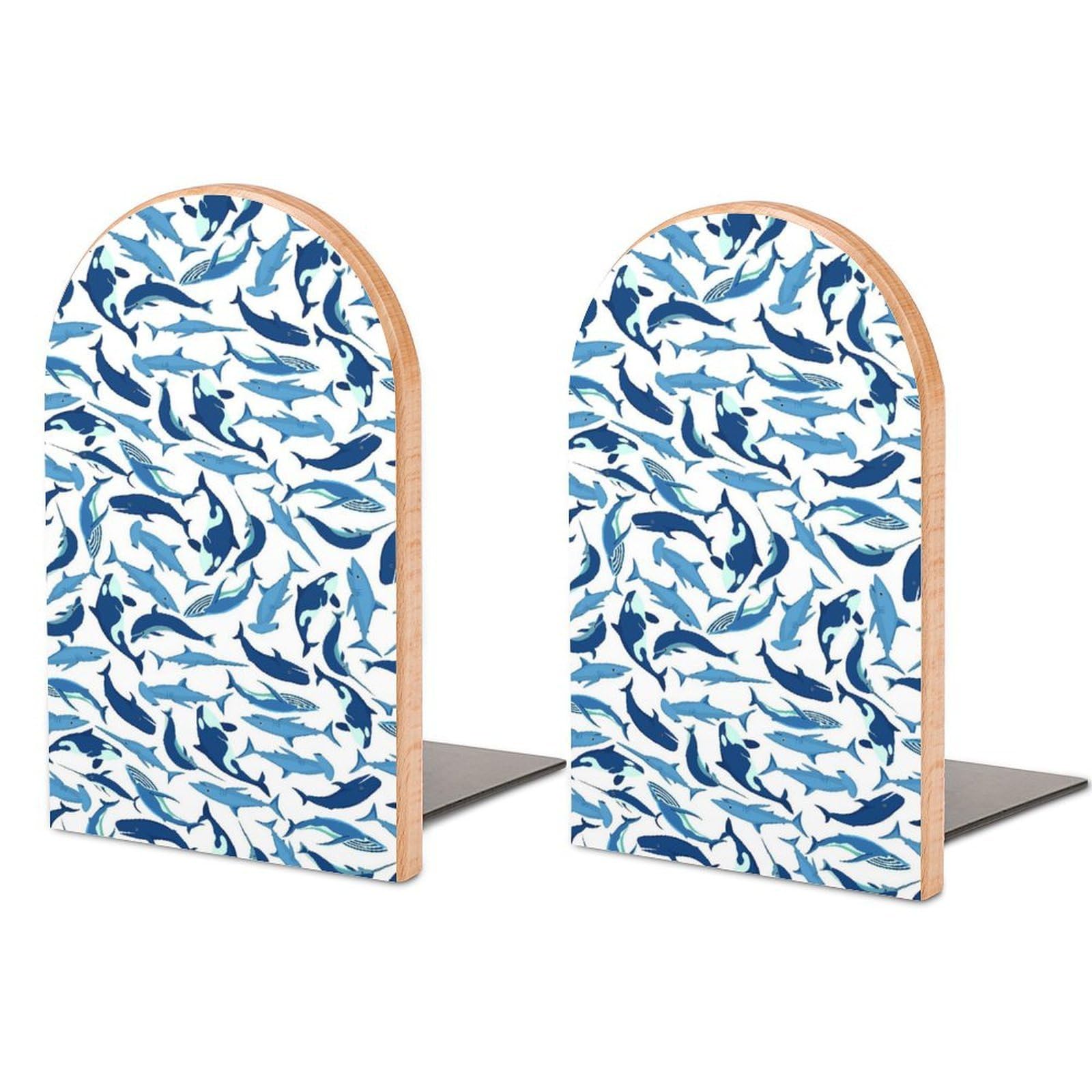 Whales and Fish Beech Wood Bookends Heavy Duty Book Organizers Desktop File Holder for Office Home Bookshelf