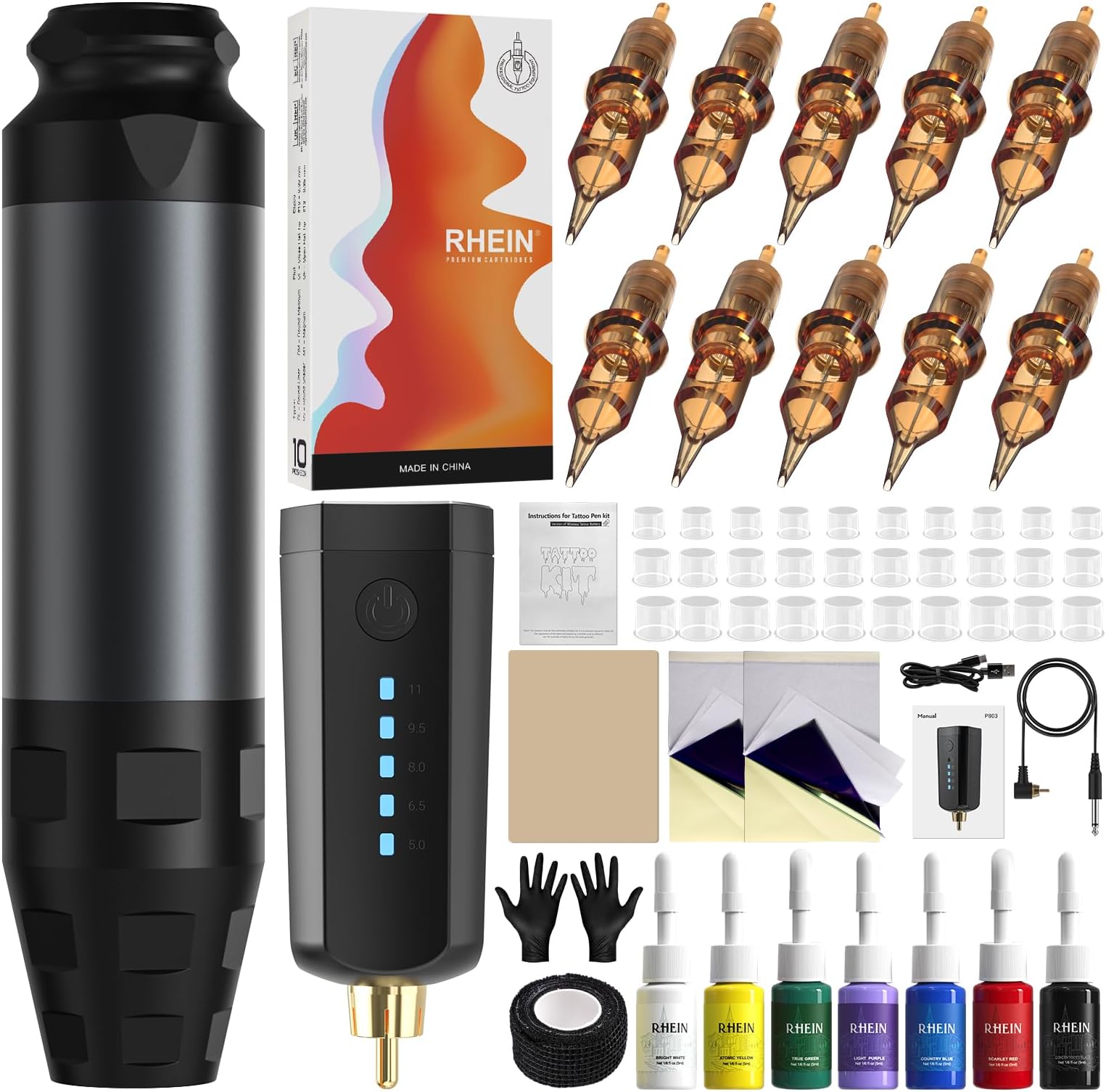 RHEIN Tattoo Gun Kit Tattoo Pen Machine with 1600mAh Battery Adjustable Voltages 10Pcs Cartridge Needles 7 Inks for Tattoo Artists and Beginners RNP76KIT-7