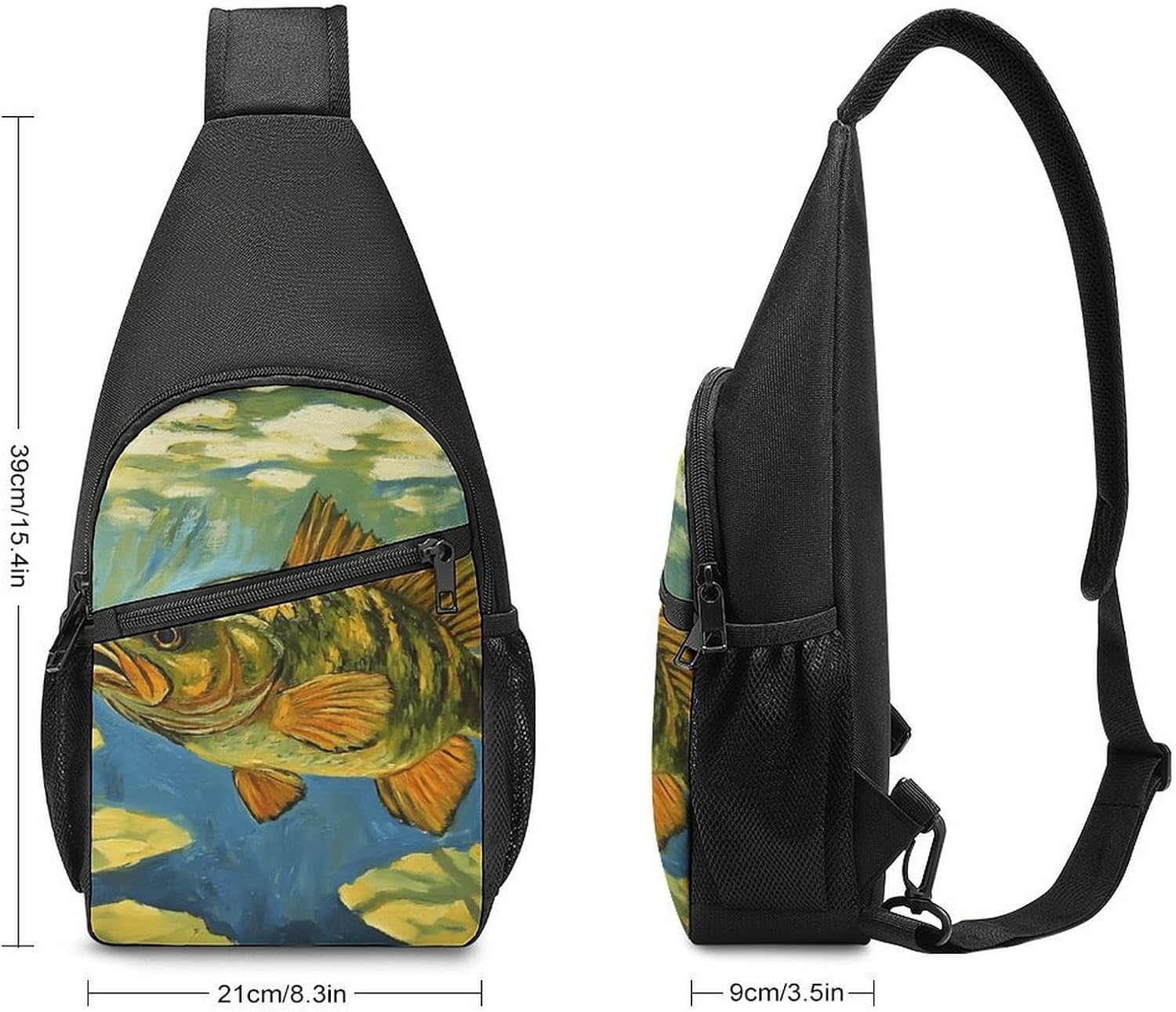 Underwater Bass Fish Crossbody Sling Backpack Chest Bag Daypack | unisex,trendy,with convertible and detachable shoulder strap,side pockets