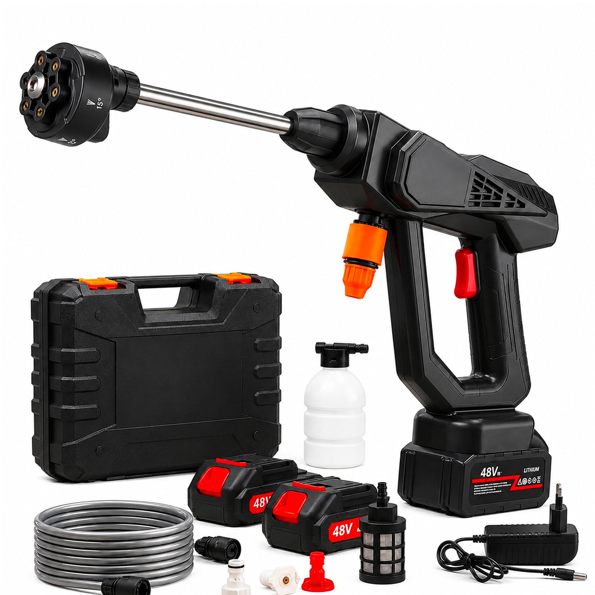 081 Store - Idropulitrice a Batteria 48 V 30 Bar Portatile Senza Fili – 2 Batterie 8000 mAh, 6 Getti Regolabili, Tubo 3 m con Valigetta – Per Auto, Giardino e Pavimenti – Garanzia 2 Anni
