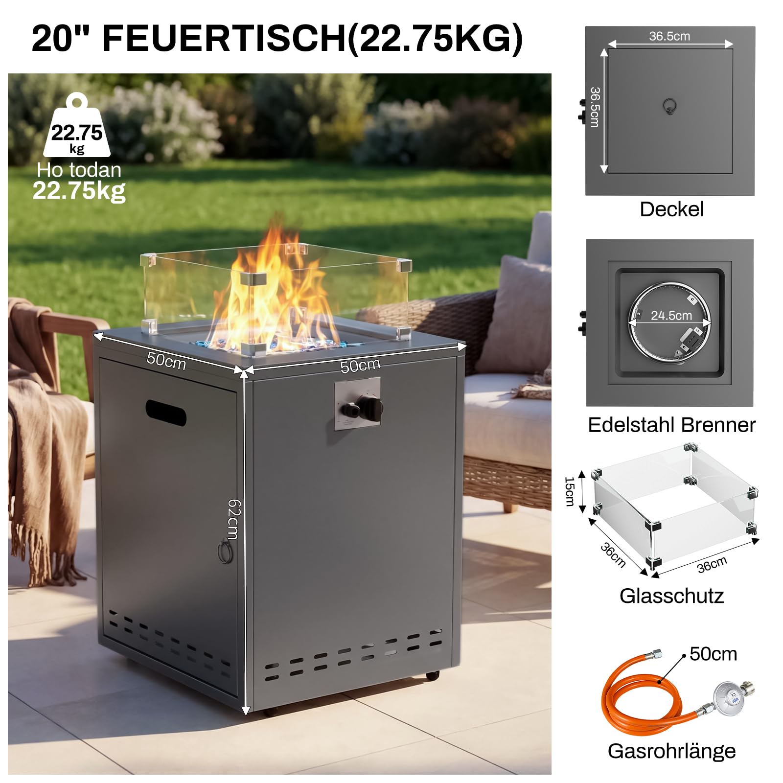 TLGREEN 20" Gas Feuerstelle Outdoor, Feuerstellen für Garten Balkon, 14.5kW | Feuertisch mit Glaswindschutz, Glassteine, Wasserfester Schutzhülle, Gas Gartentisch, Gaskamin, 4PCS Füße, 50x50x62cm