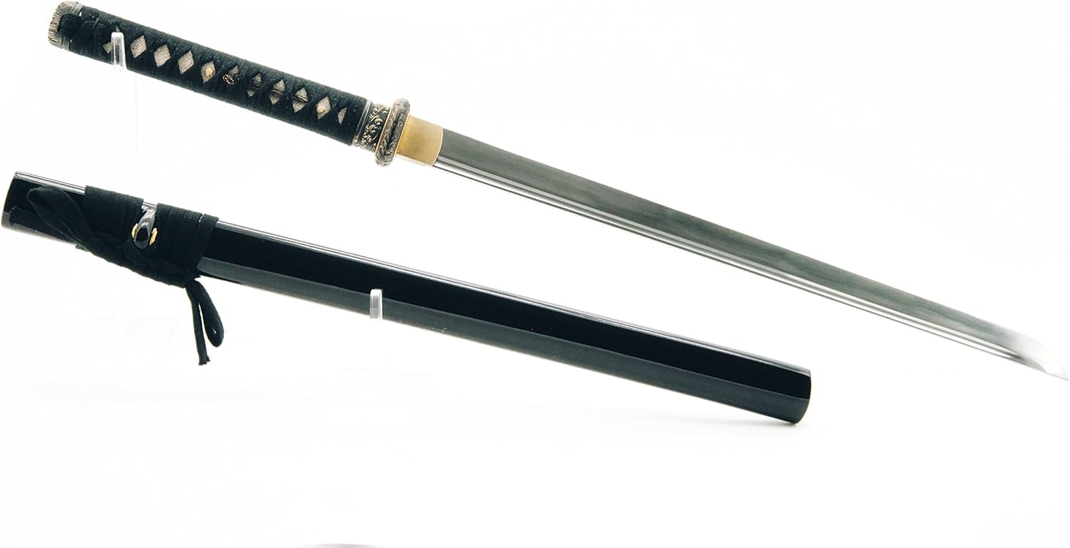 HMS Samurai Wakizashi Sword, Functional, Hand Forged, 1045 Carbon Steel, Heat Tempered, Full Tang, Sharp, Warrior Tsuba, Black Wooden Scabbard