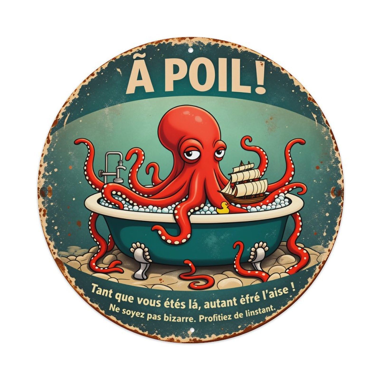Octopus In Bathtub With Ship Metal Tin Sign Vintage Garden Bedroom Cafe Bar Man Cave Home Wall Decor Metal Poster 8x8 inches