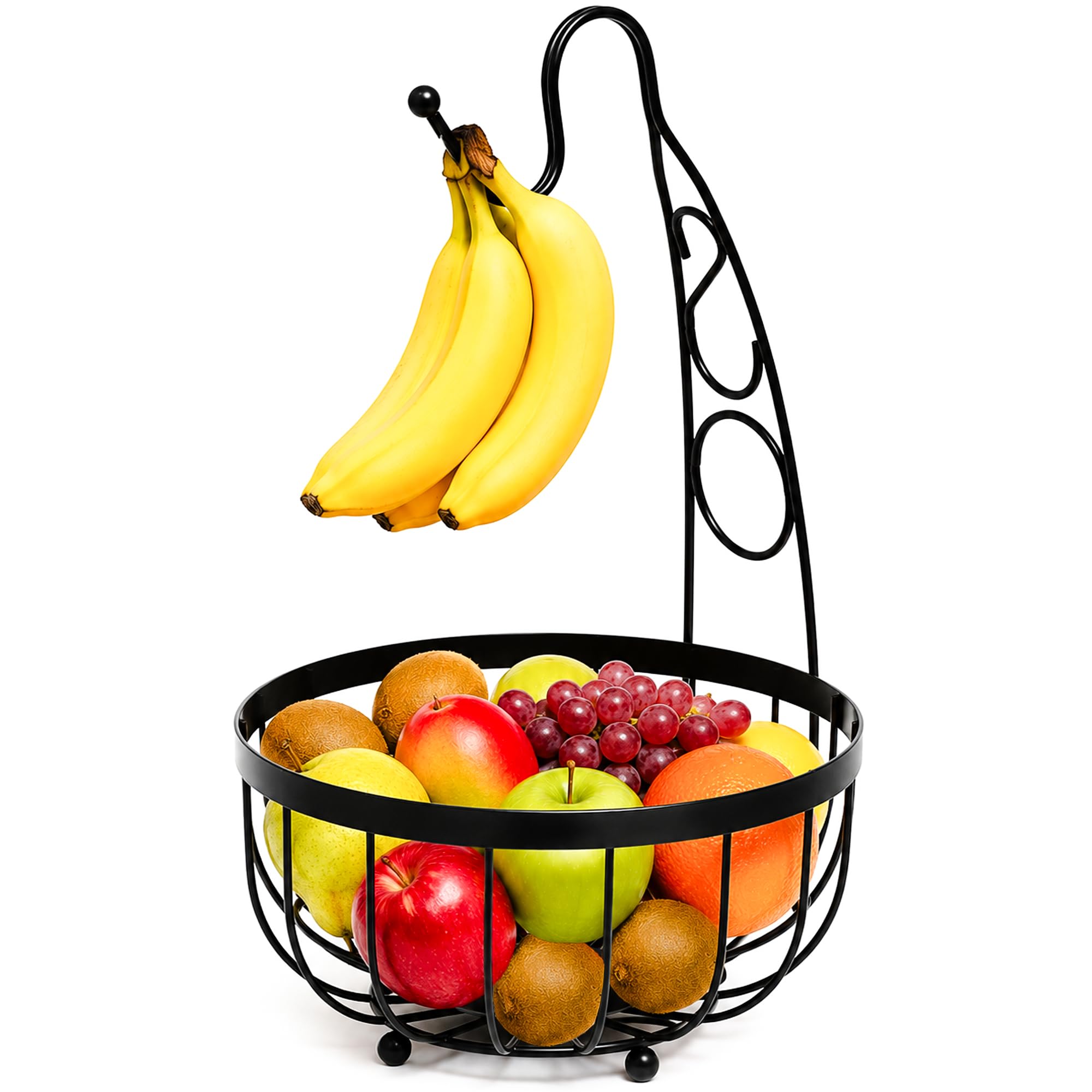 Innoteck Black Banana Tree Fruit Bowl - Wire Basket With Banana Hanger Hook - Storage For Fruit, Vegetables, Snacks, And More - Decorative Bowl For Kitchen, Table Countertop, And Pantry (Black)