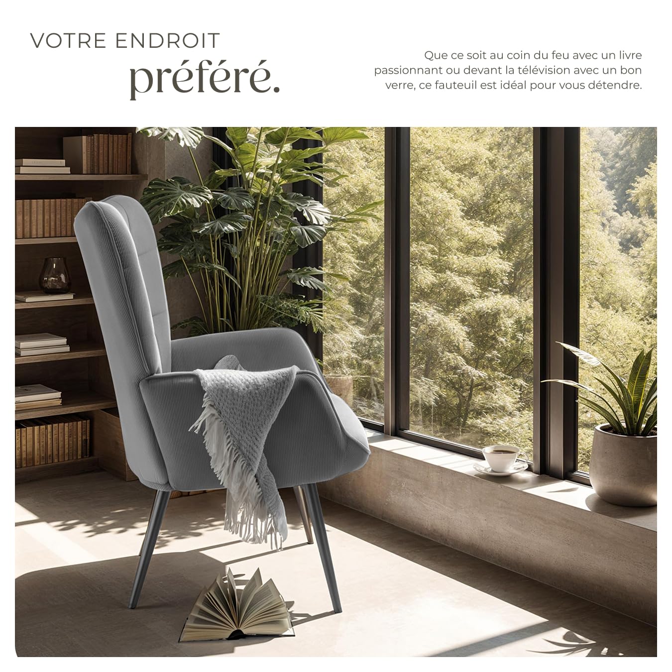 tectake® Fauteuil Relax Confortable en Velours côtelé Fauteuil Scandinave Moelleux avec Accoudoirs & Dossier Ergonomique pour Salle à Manger, Salon, Chambre, Siege Bureau, Allaitement Gris/Noir