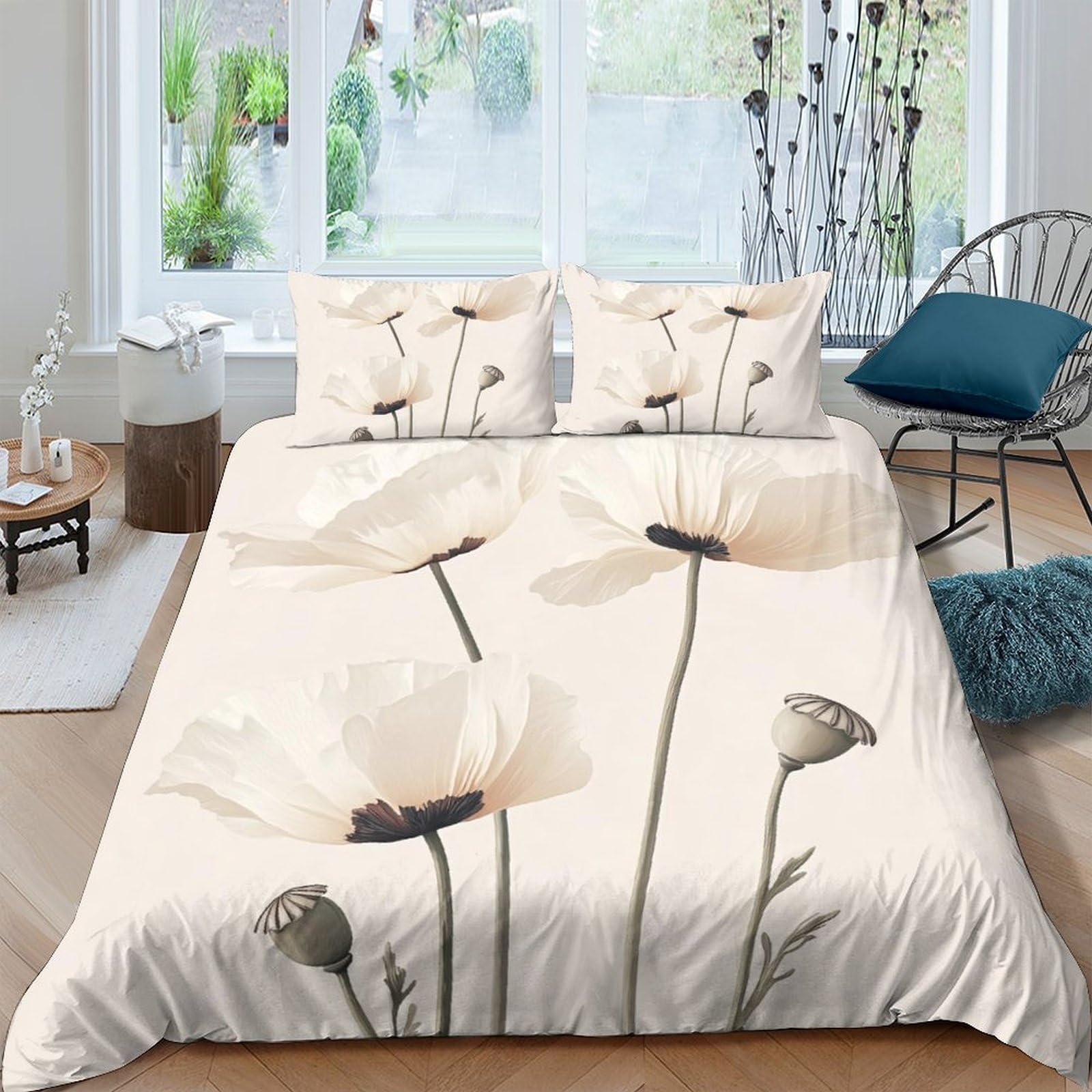 TUFRTGYHN 3D Printed Cream Floral Duvet Cover Microfiber Soft Breathable Bedding Set Poppy Flower Quilt Cover with 2 Pillowcases for Bedroom Decor Single（135x200cm）